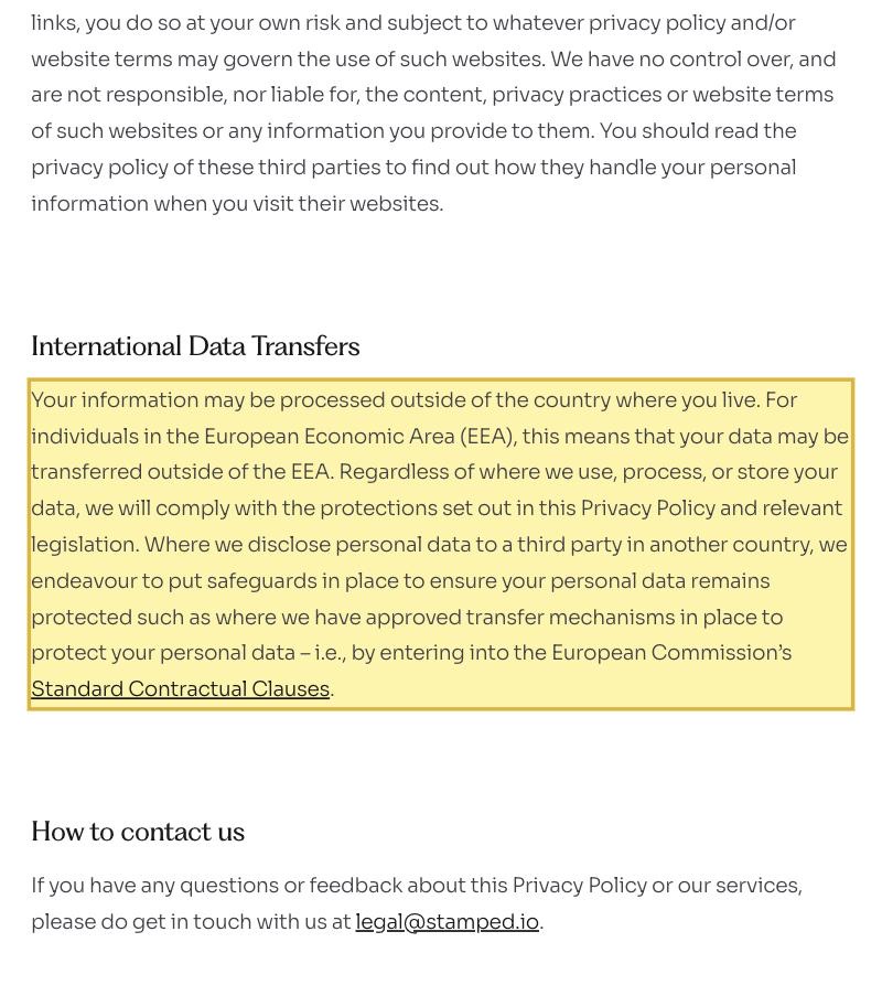 Stamped Privacy Policy, International Data Transfers section, stating that your information may be processed outside of the country where you live