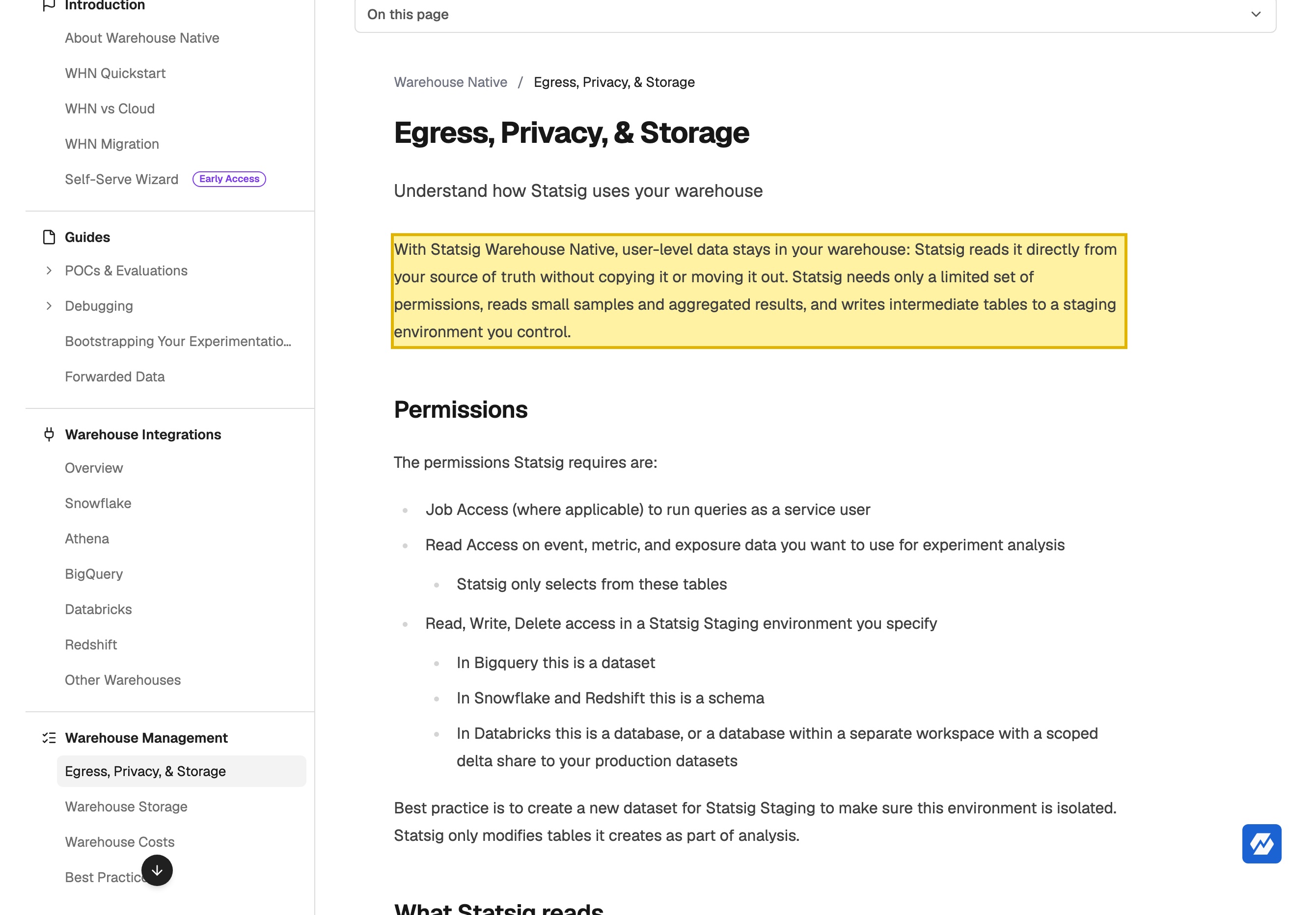 Statsig's Warehouse Native documentation stating that with Statsig Warehouse Native, user-level data stays in your warehouse and Statsig reads it directly from your source of truth without copying it or moving it out