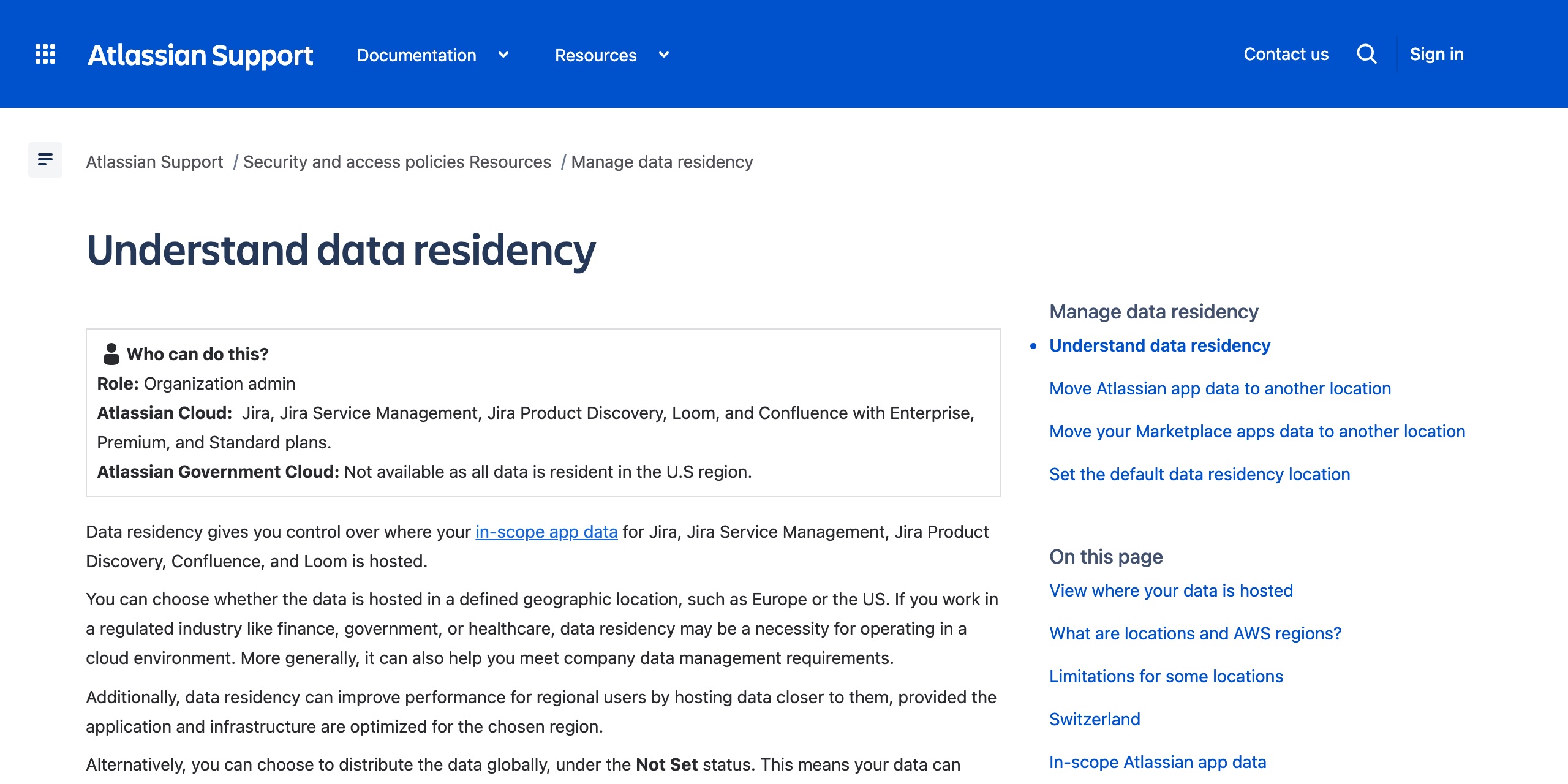 Atlassianの「Understand data residency」のドキュメント。データレジデンシーの提供地——オーストラリア・カナダ・EU・ドイツ・インド・日本・シンガポール・韓国・スイス・英国・米国——を列挙し、中国本土のリージョンはなく、対象製品としてJira・Jira Service Management・Jira Product Discovery・Confluence・Loomを名指し、Statuspageを含まない