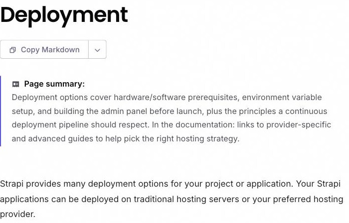 Strapi's own deployment documentation stating that Strapi provides many deployment options and that Strapi applications can be deployed on traditional hosting servers or your preferred hosting provider — confirming self-hosting on infrastructure you control is a first-class option