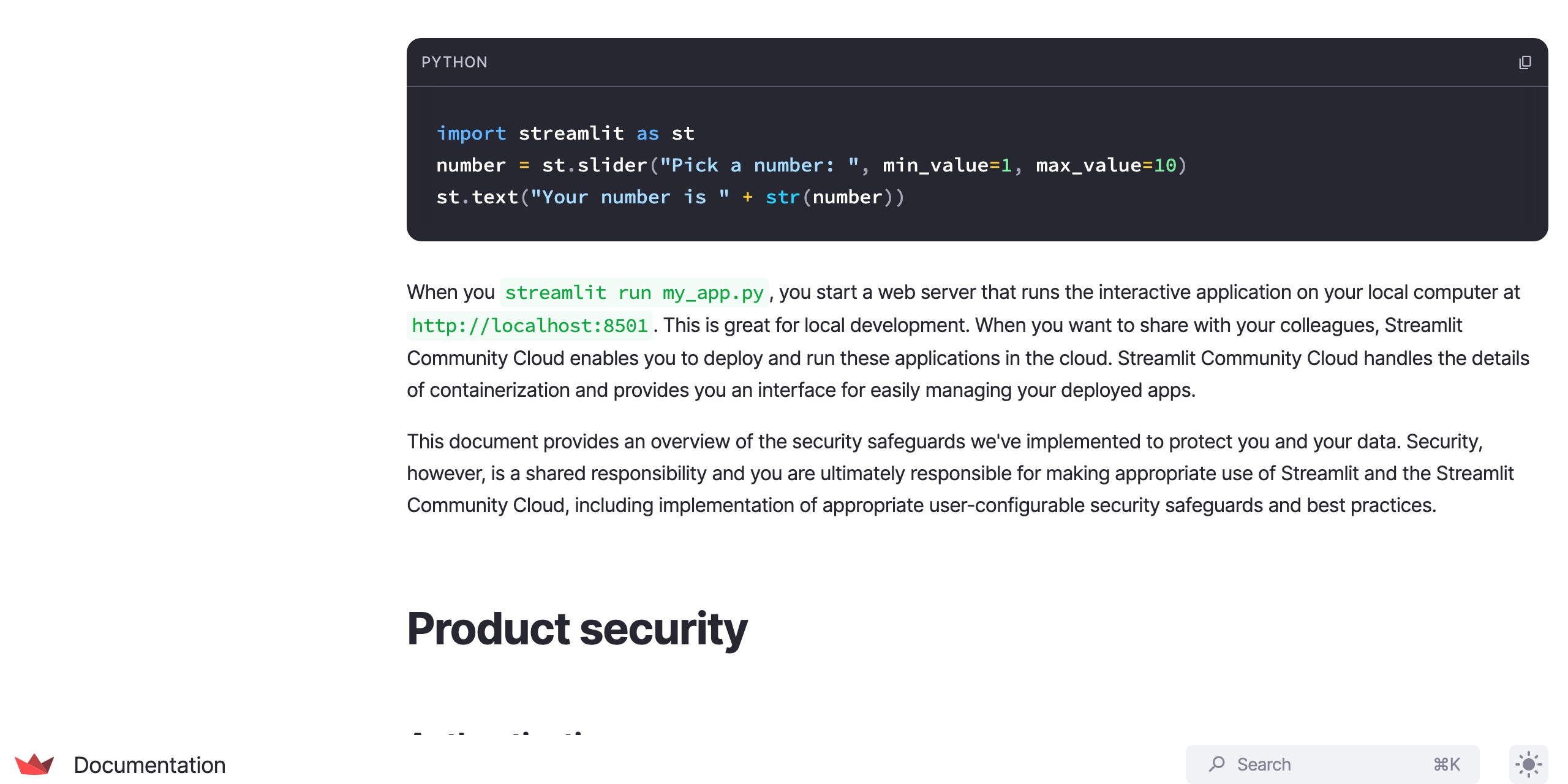 Streamlit Community Cloudの「Trust and security」ドキュメントのData hostingセクション。物理インフラはInfrastructure-as-a-Serviceのクラウドプロバイダーが維持するセキュアなデータセンターでホストされるとあり、中国本土のリージョンは挙げられていない