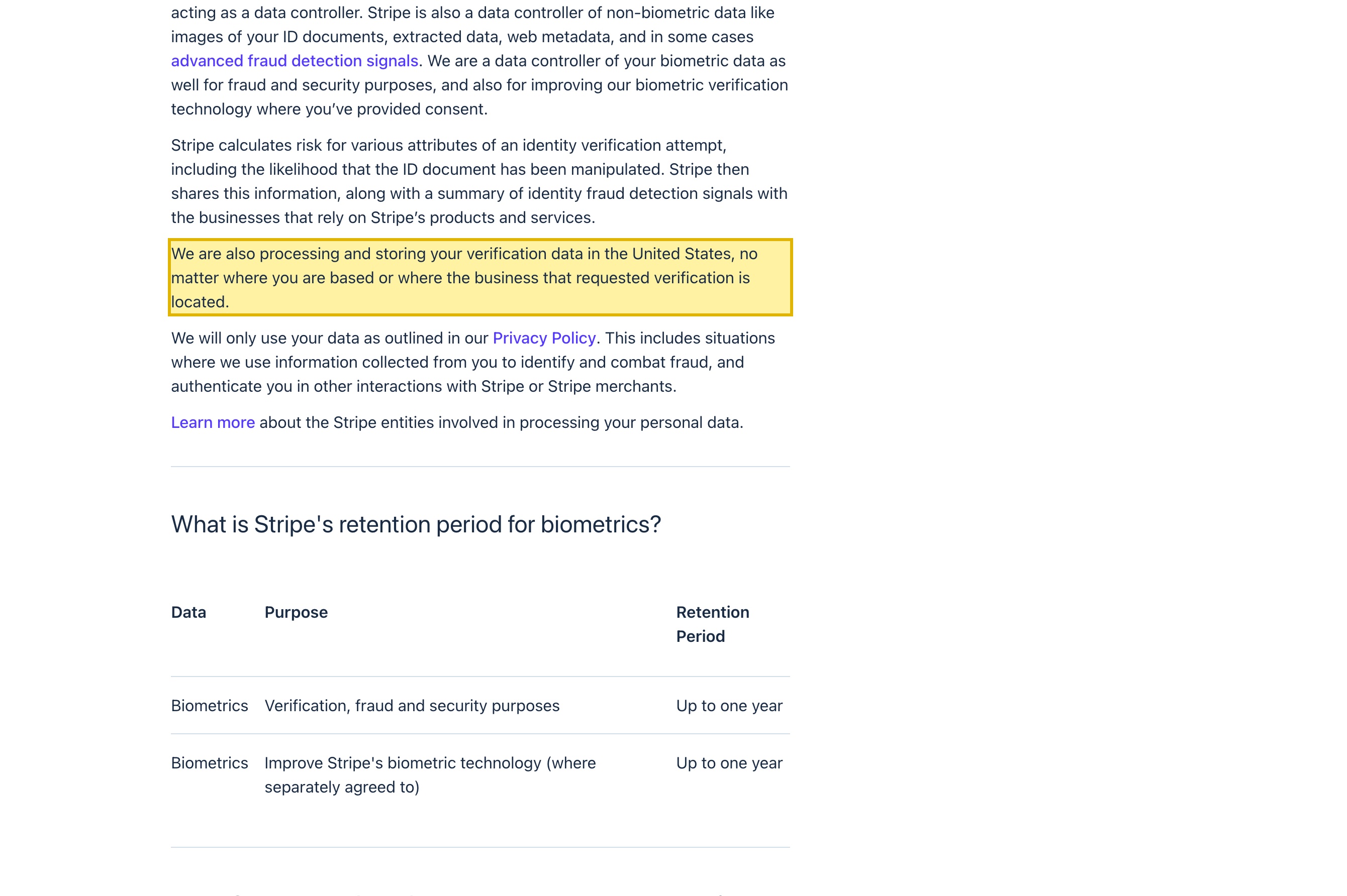The Stripe Support page 'Managing your ID verification information', stating that Stripe is processing and storing your verification data in the United States, no matter where you are based or where the business that requested verification is located