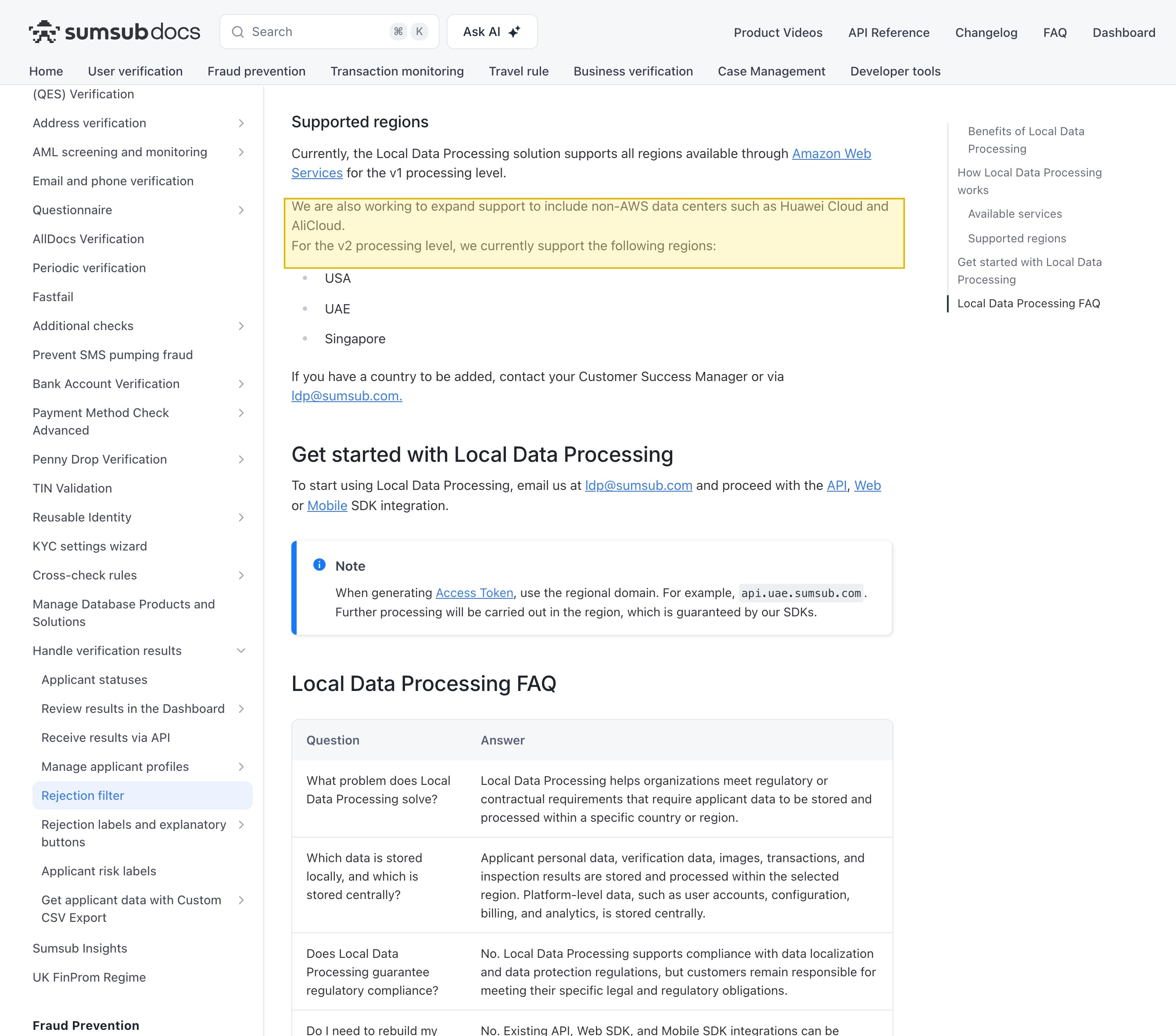 Sumsub's own Local Data Processing documentation on docs.sumsub.com, showing that applicant data, images and videos are stored in a region the customer selects, and listing the supported v2 processing regions as USA, UAE and Singapore — with no mainland-China region