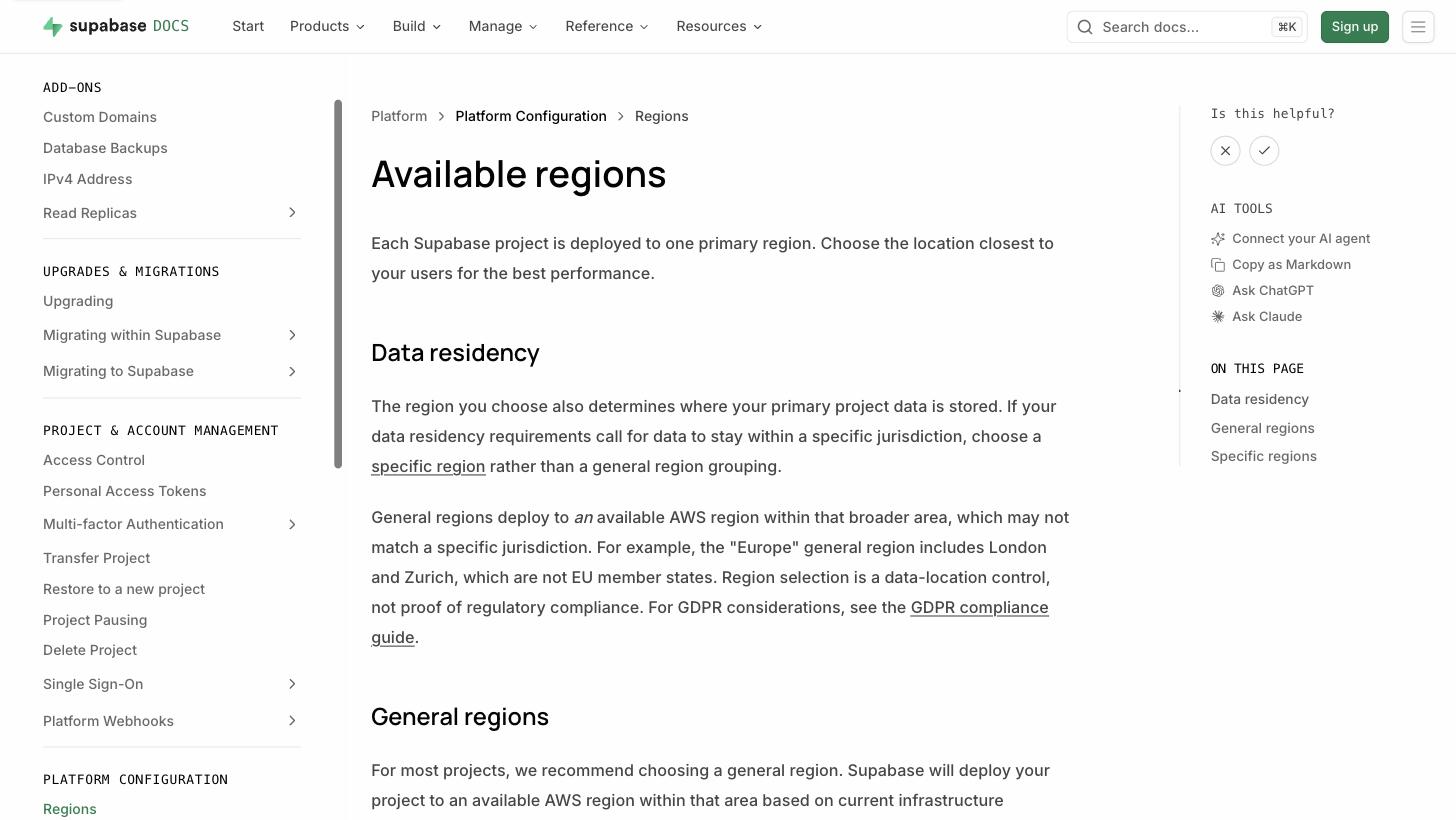 Supabase Docs available-regions page listing selectable AWS regions across the United States, Canada, Europe, Mumbai, Singapore, Tokyo, Seoul, Sydney and São Paulo — with no mainland-China region