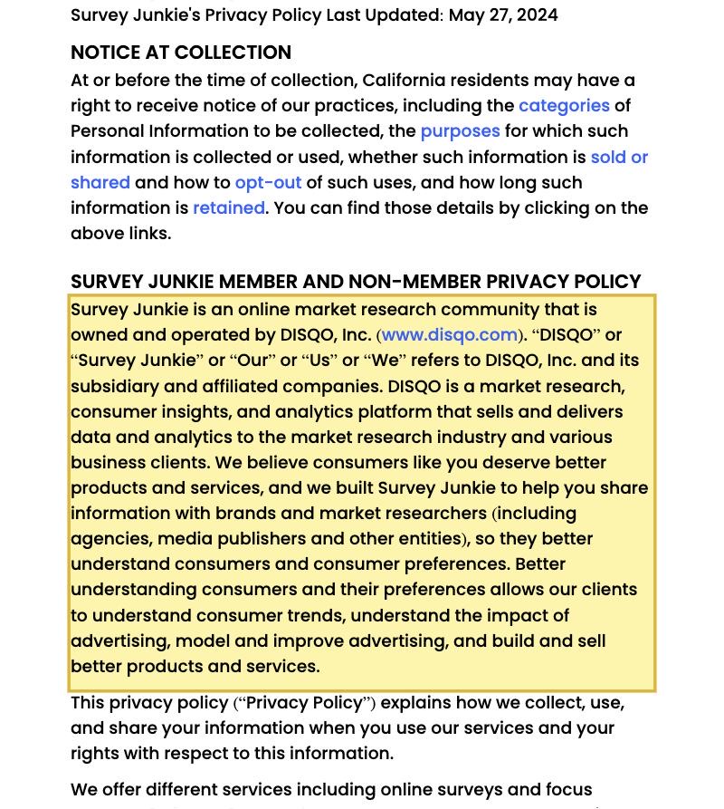 Survey Junkieのプライバシーポリシーのページ。Survey JunkieはDISQO, Inc.が所有・運用するオンライン市場調査コミュニティであると記載され、カリフォルニア州グレンデールの事業者住所が示され、中国本土のデータ所在地はない