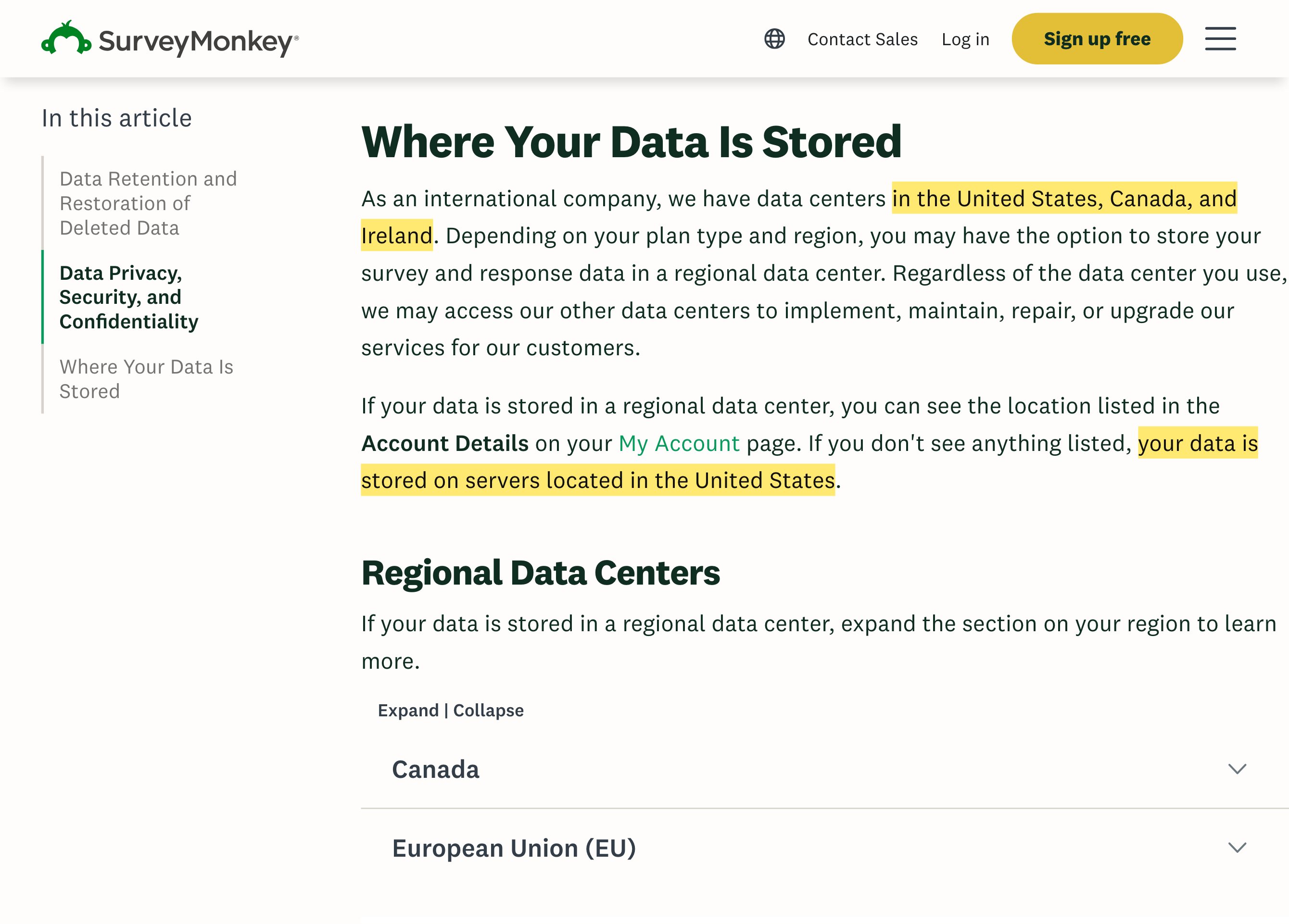 SurveyMonkeyの「Where Your Data Is Stored」ヘルプページ。米国・カナダ・アイルランドにデータセンターがあり、何も表示されない場合はデータは米国にあるサーバーに保存されると記載され、中国本土の所在地はない