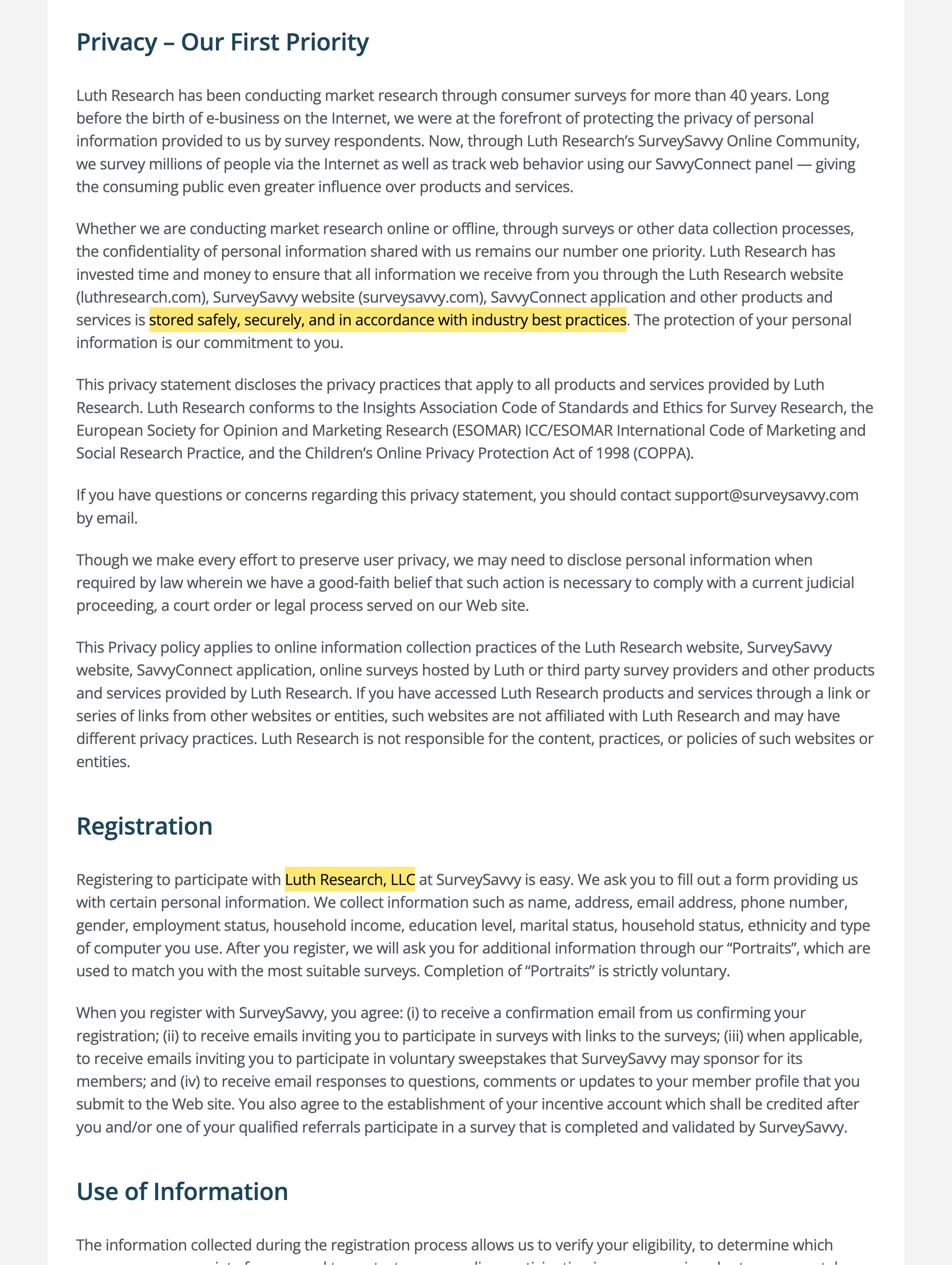 SurveySavvyのプライバシーポリシーのページ。運用者をカリフォルニア州サンディエゴのLuth Research, LLCと明記し、収集した情報は業界のベストプラクティスに従って安全に保管されるとしつつ、中国本土の拠点は一切挙げていない
