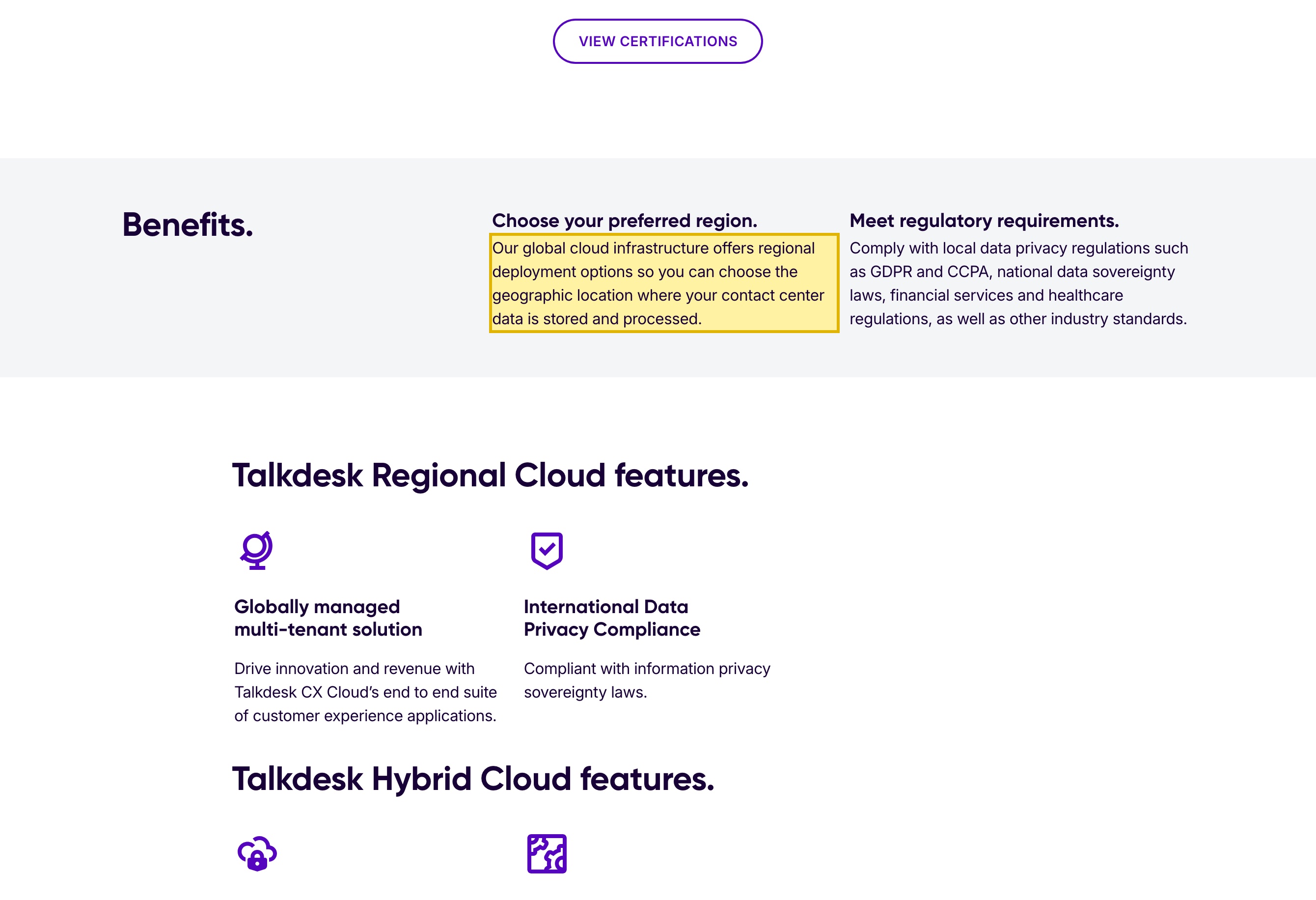 Talkdesk's own Data Residency page stating that customers choose the geographic location where their contact center data is stored and processed, with available geographies in North America, the EU, the UK, and Australia and no mainland-China region