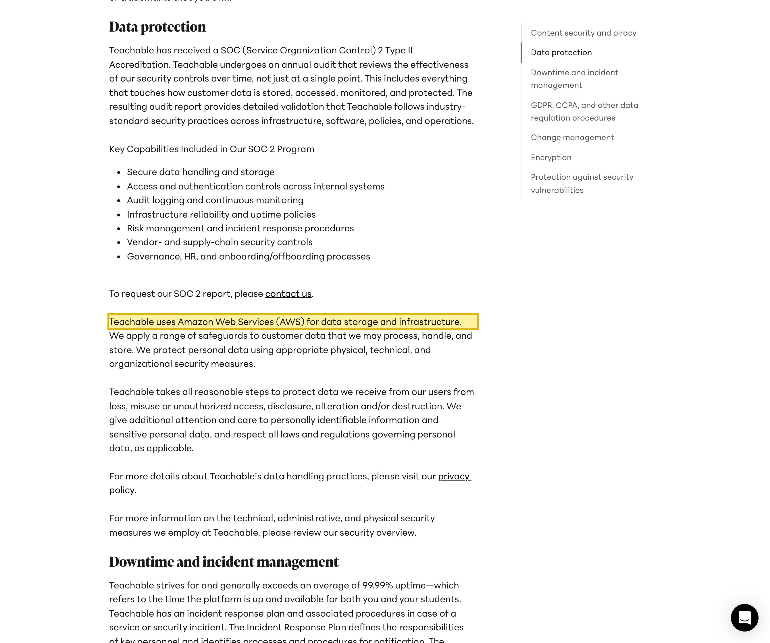 Teachable's Security Overview help page under its hosting section, stating that Teachable uses Amazon Web Services (AWS) for data storage and infrastructure, alongside its SOC 2 Type II and GDPR/CCPA sections — with no mainland-China data region named.