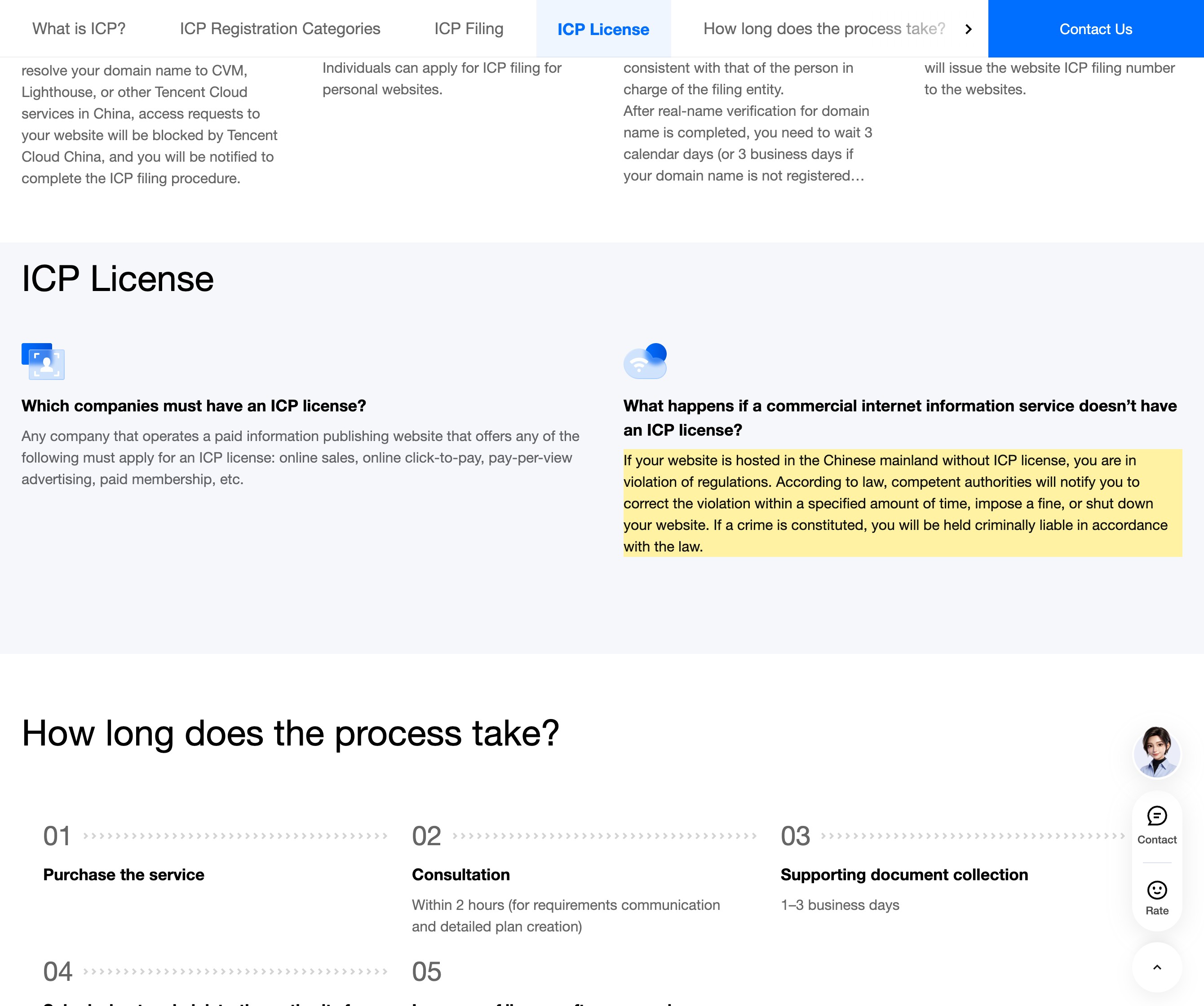 Tencent Cloud's ICP Registration Support page stating that a website hosted in the Chinese mainland without an ICP license is in violation of regulations