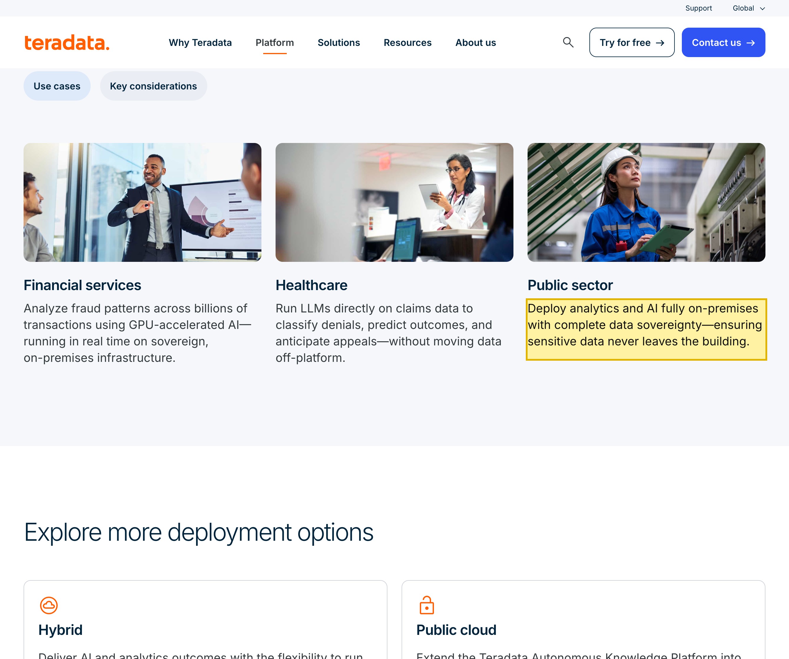 Teradata's own On-Premises Deployment page, stating that Teradata analytics and AI can be deployed fully on-premises with complete data sovereignty so sensitive data never leaves the building