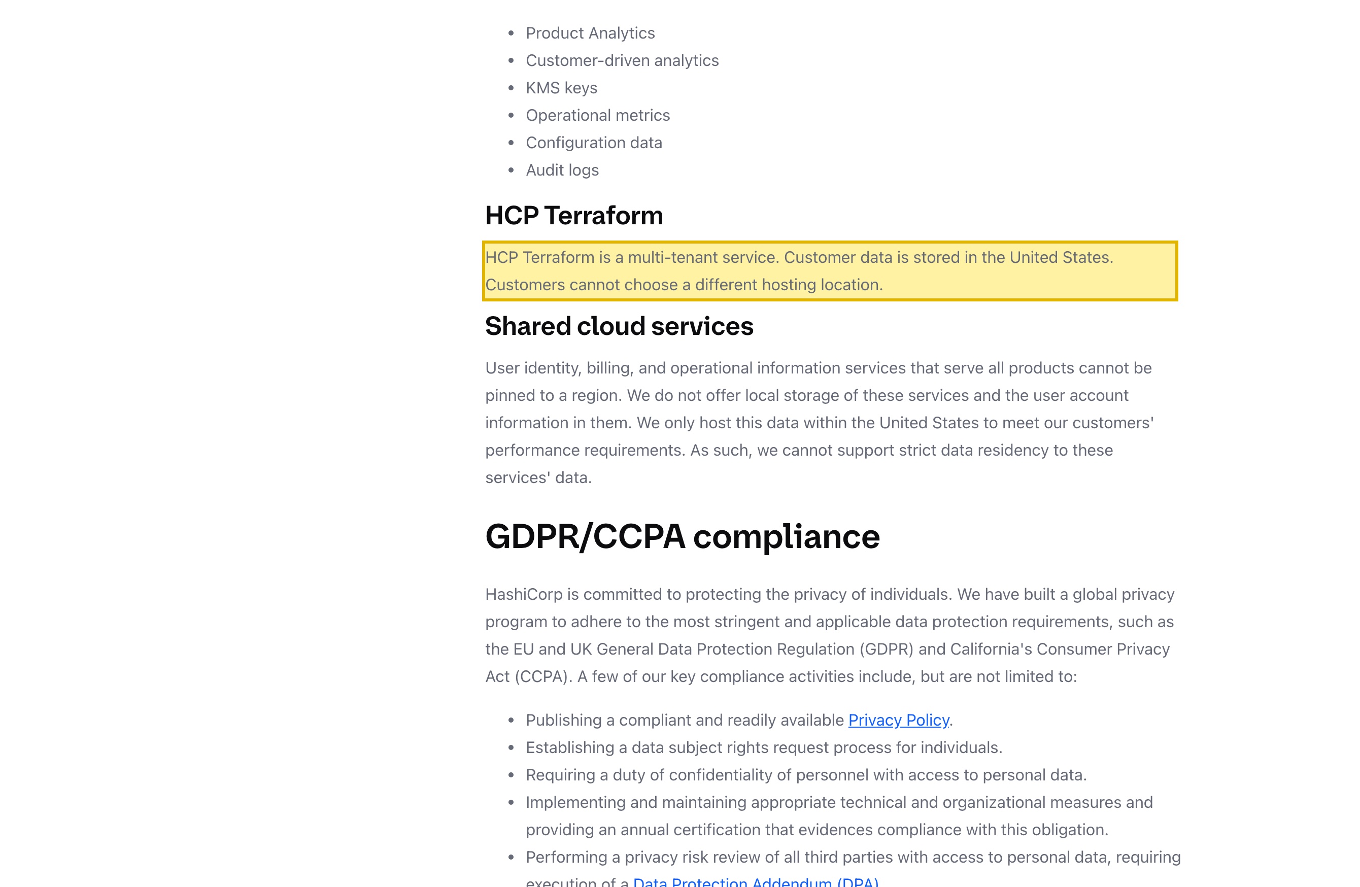 HashiCorp Trust Center 'HCP data location overview' page, Product-specific data section, showing the HCP Terraform entry stating that customer data is stored in the United States and customers cannot choose a different hosting location
