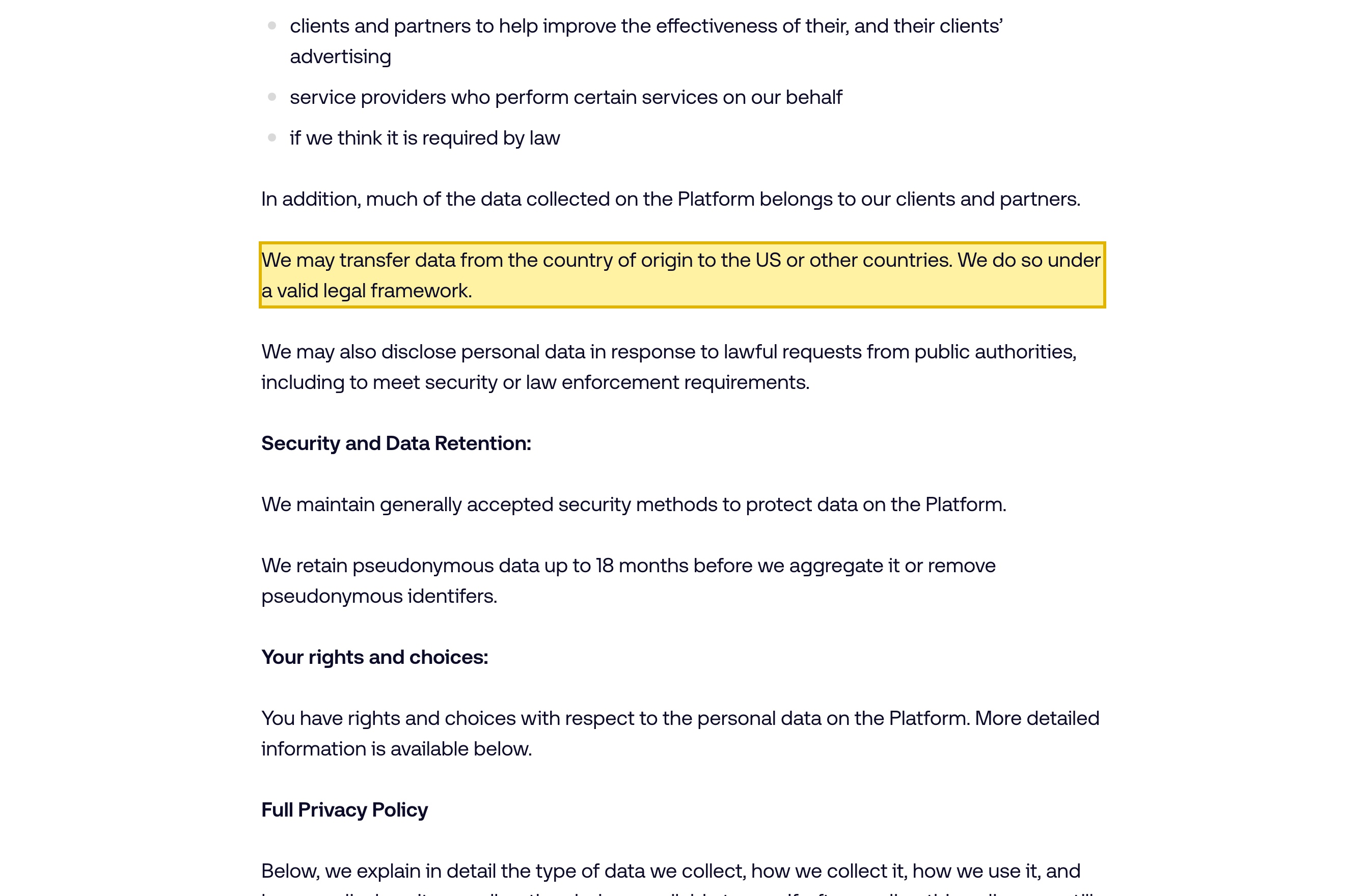 The Trade Desk's own privacy policy stating that it may transfer data from the country of origin to the US or other countries, listing IP addresses, unique cookie identifiers, device advertising identifiers and hashed email addresses among the data the platform collects