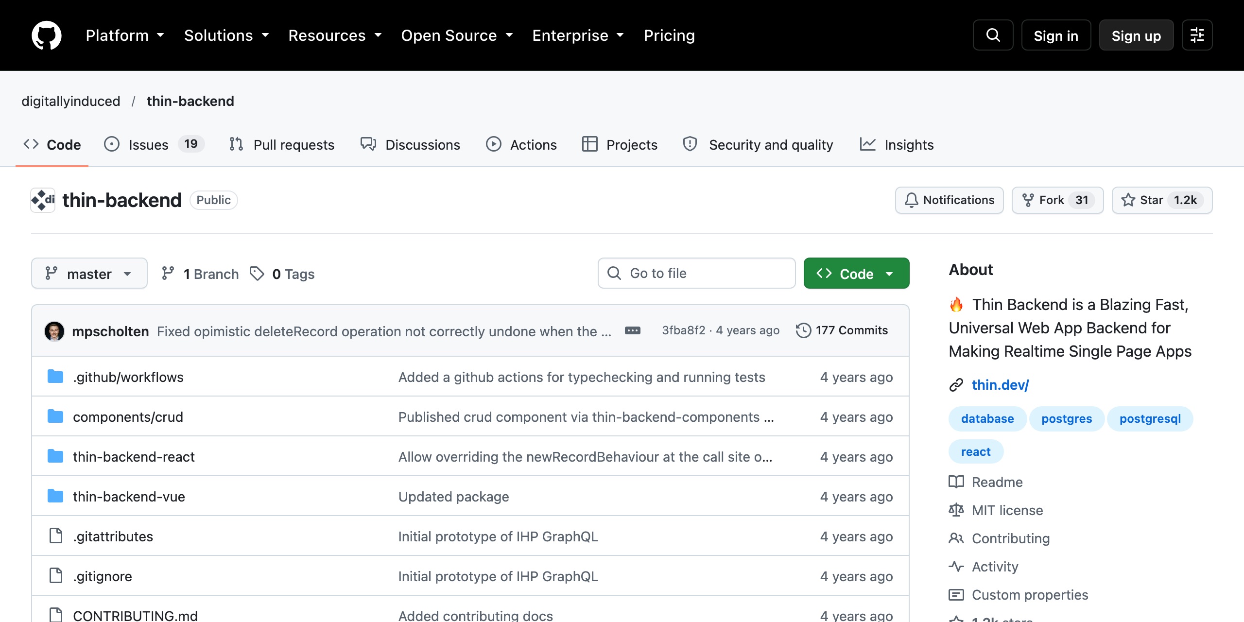 Thin Backend's GitHub repository README, headed 'Instant API for your Postgres DB', with the Getting Started section stating 'You can also self-host Thin Backend' — an MIT-licensed, Postgres-based backend that you can run on infrastructure you choose