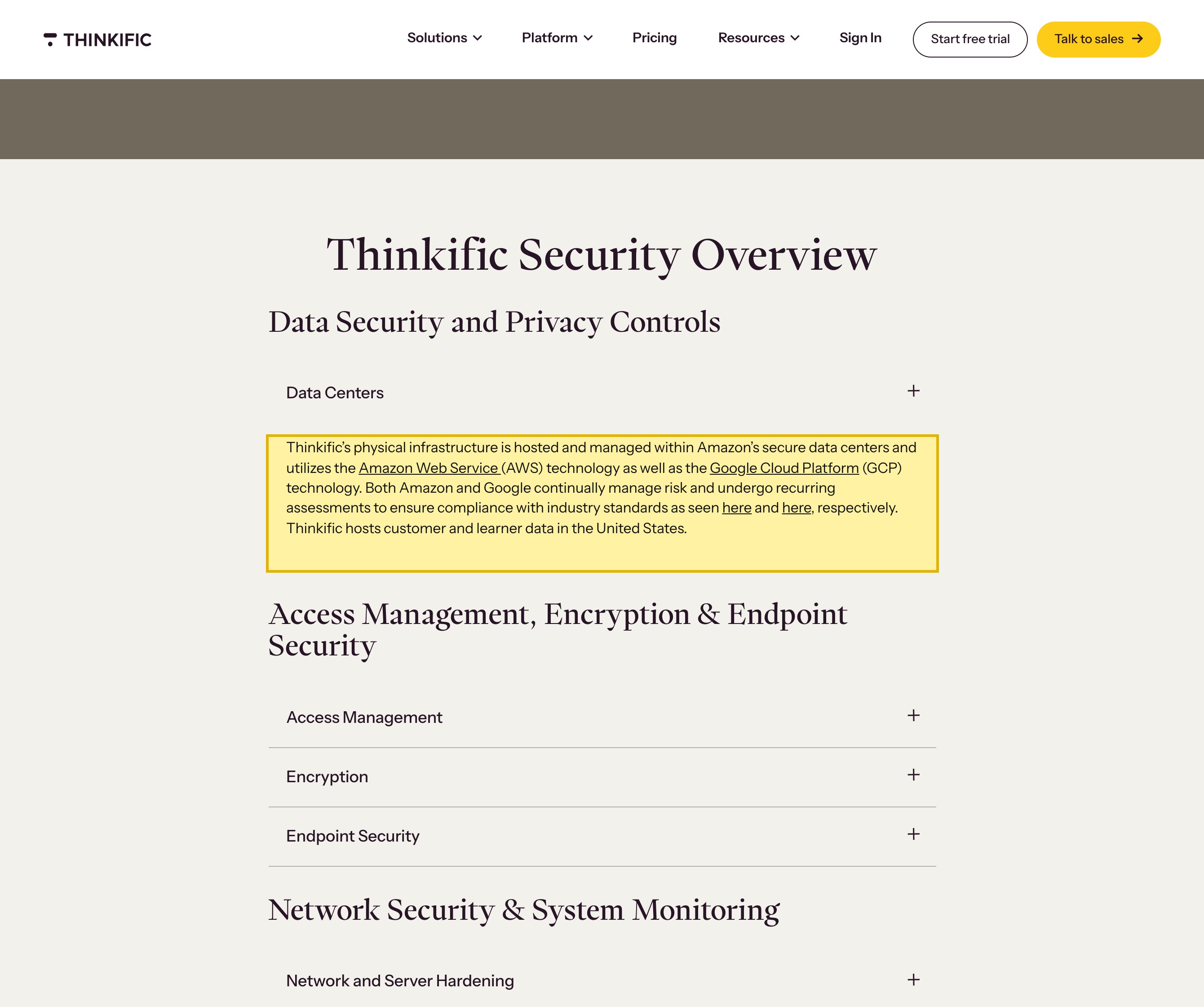 Thinkific's Security page under its data-hosting section, stating that Thinkific hosts customer and learner data in the United States and that its physical infrastructure is hosted within Amazon's data centers using AWS and Google Cloud Platform technology — with no mainland-China data region named.