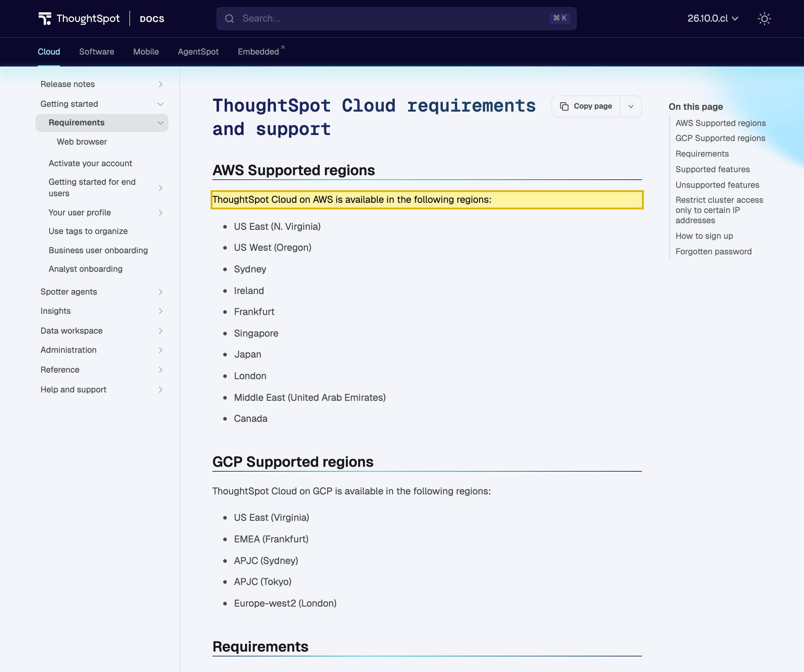 ThoughtSpot Cloud requirements and support documentation listing the AWS and GCP regions where ThoughtSpot Cloud is available — US, Canada, Ireland, Frankfurt, London, United Arab Emirates, Singapore, Japan and Sydney — with no region inside mainland China