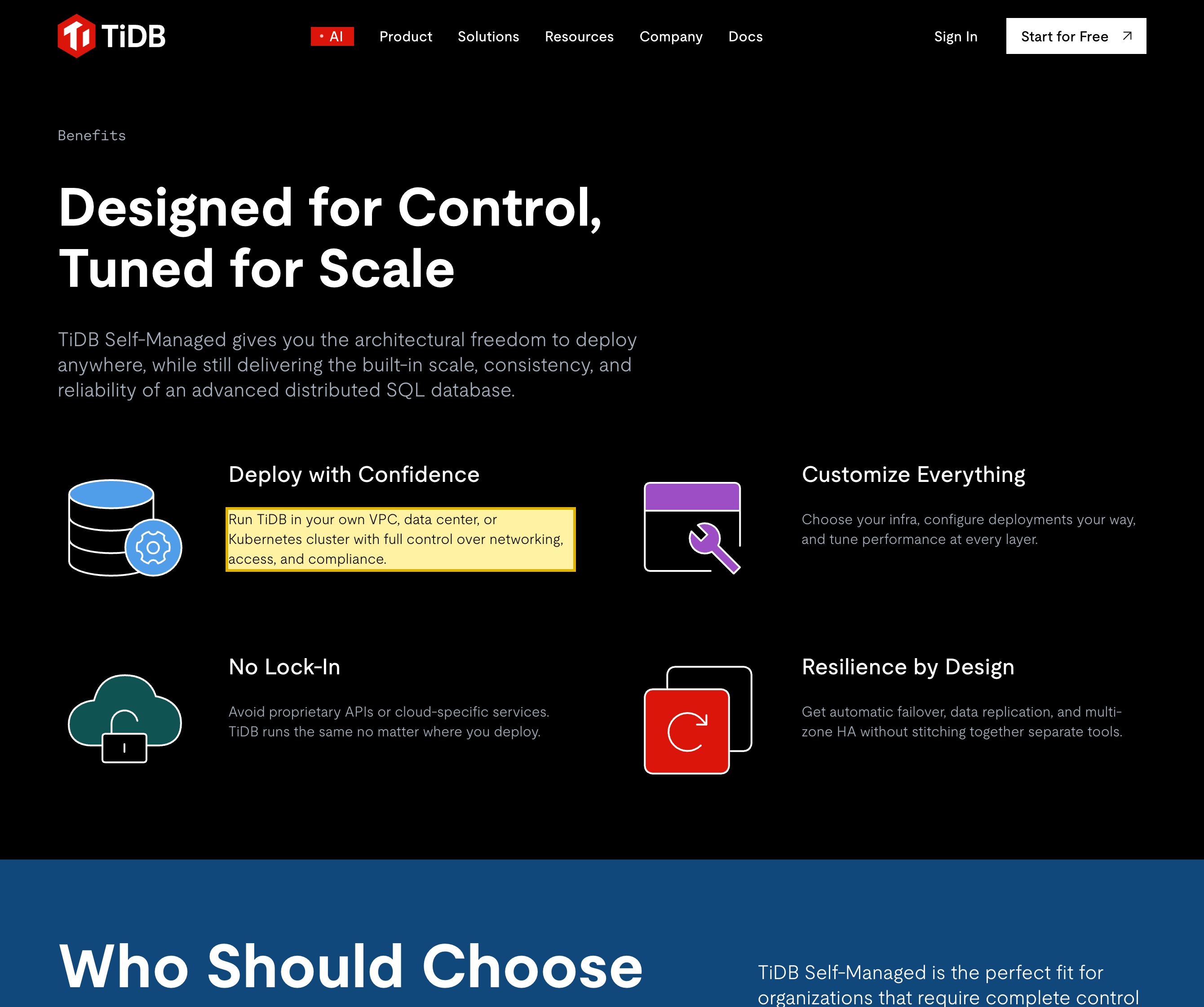 PingCAP's TiDB Self-Managed page, showing that TiDB can be deployed and run on infrastructure you control — your own VPC, data center, or Kubernetes cluster — with full control over networking, access, and compliance