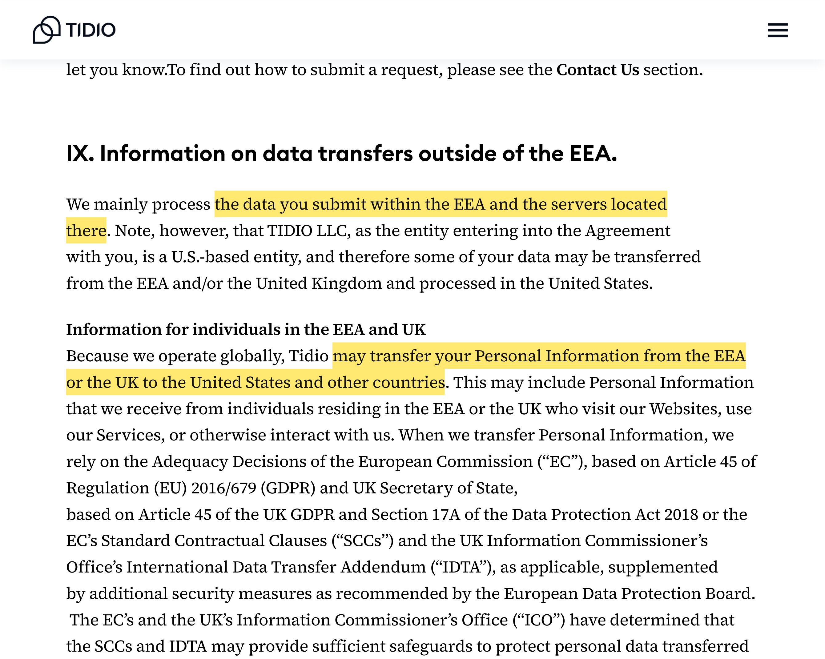 Tidio privacy policy international-transfers section stating that it mainly processes data within the EEA and may transfer personal information from the EEA or UK to the United States and other countries — with no mainland-China location