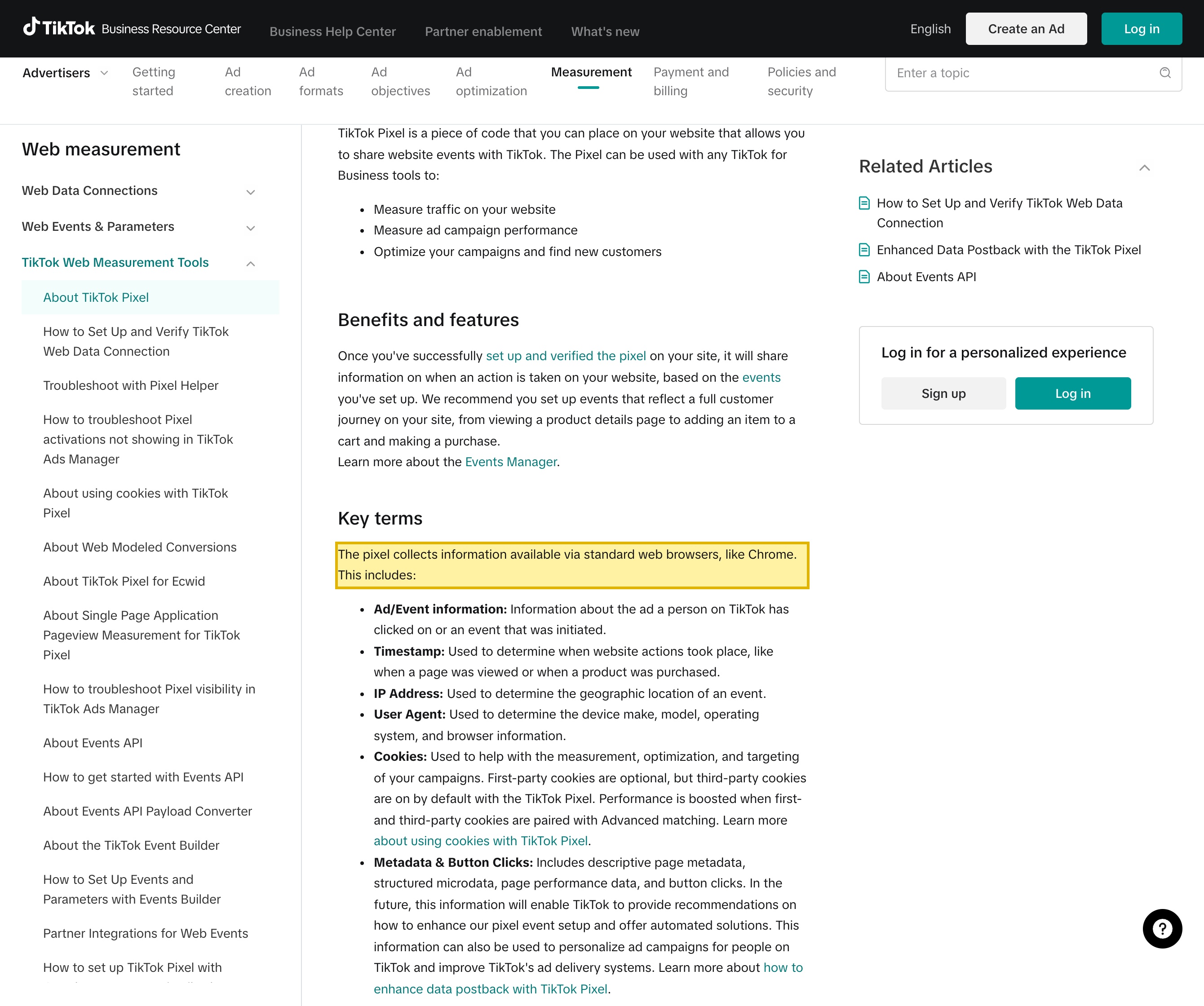 TikTok Ads Manager 'About TikTok Pixel' help page, Key terms section, showing the pixel collects IP Address (geographic location), User Agent (device make, model, operating system and browser), cookies on by default, metadata and button clicks