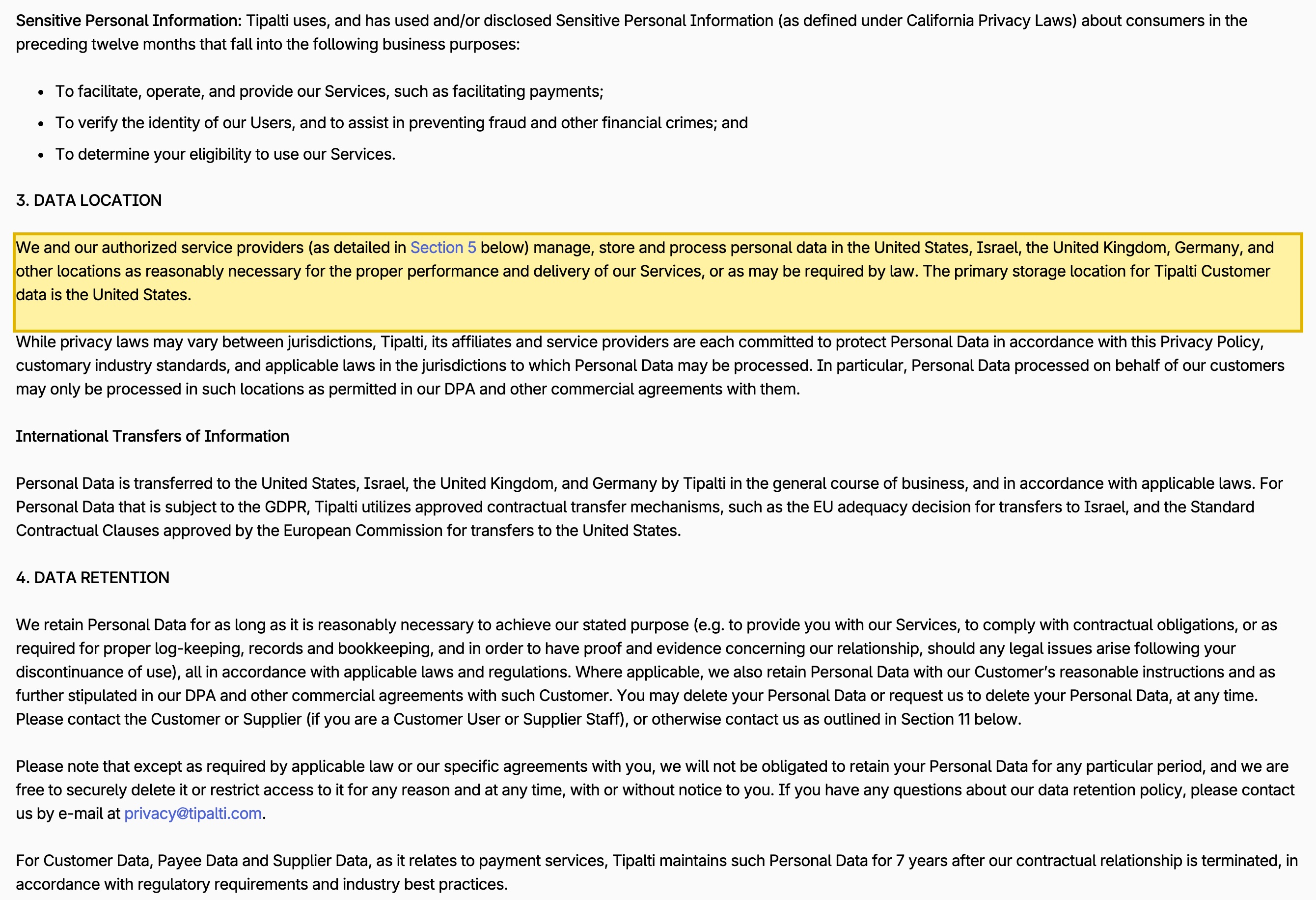 Tipalti's Privacy Policy, section 3 'Data Location', stating that Tipalti and its service providers manage, store and process personal data in the United States, Israel, the United Kingdom and Germany, and that the primary storage location for Tipalti Customer data is the United States — mainland China not among the named locations