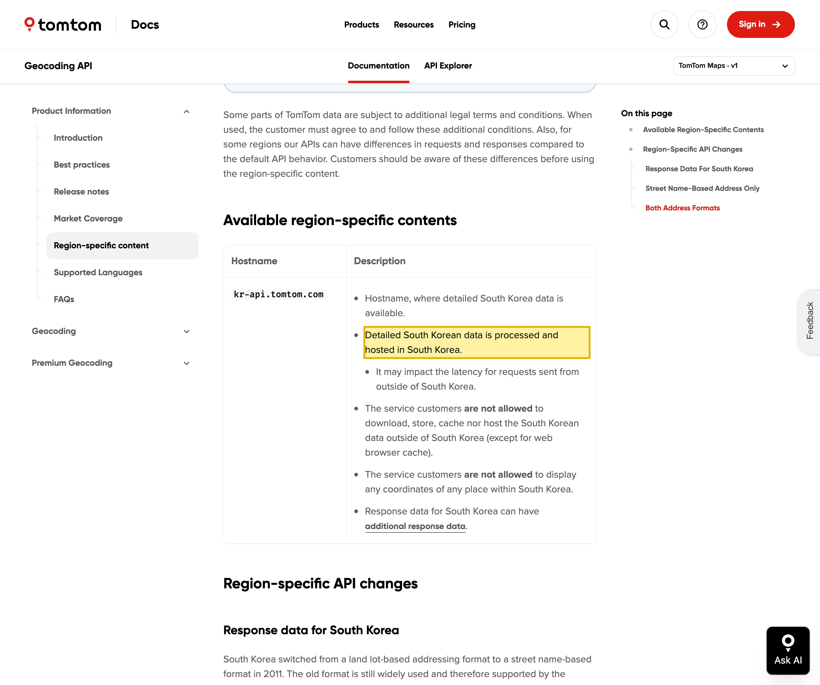 TomTom Developer documentation page showing that detailed data for a single market is processed and hosted inside that country, with no mainland-China data-residency arrangement listed