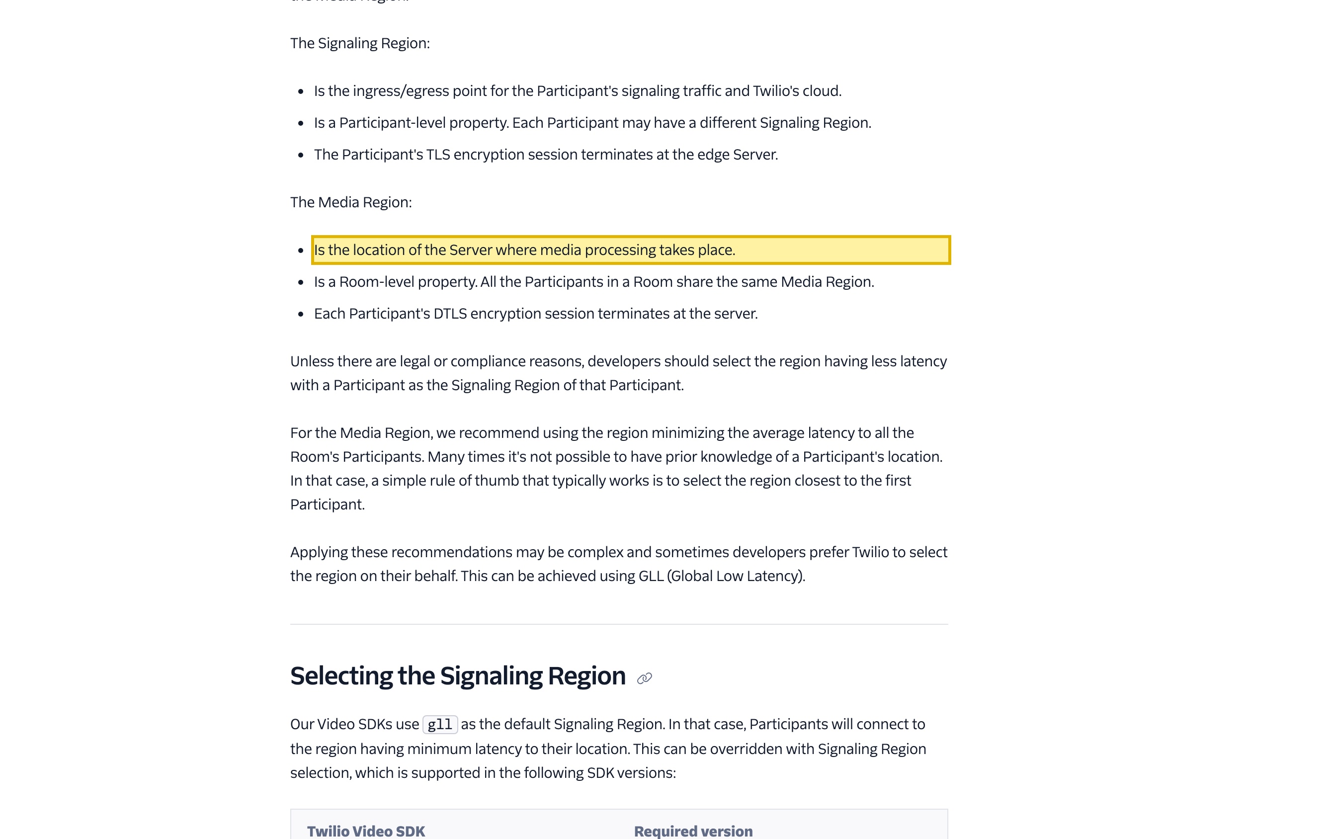 Twilio's Video Regions and Global Low Latency documentation defining a Media Region as the location of the server where media processing takes place, listing regions Australia, Brazil, Germany, Ireland, India, Japan, Singapore, and the United States with no mainland-China region