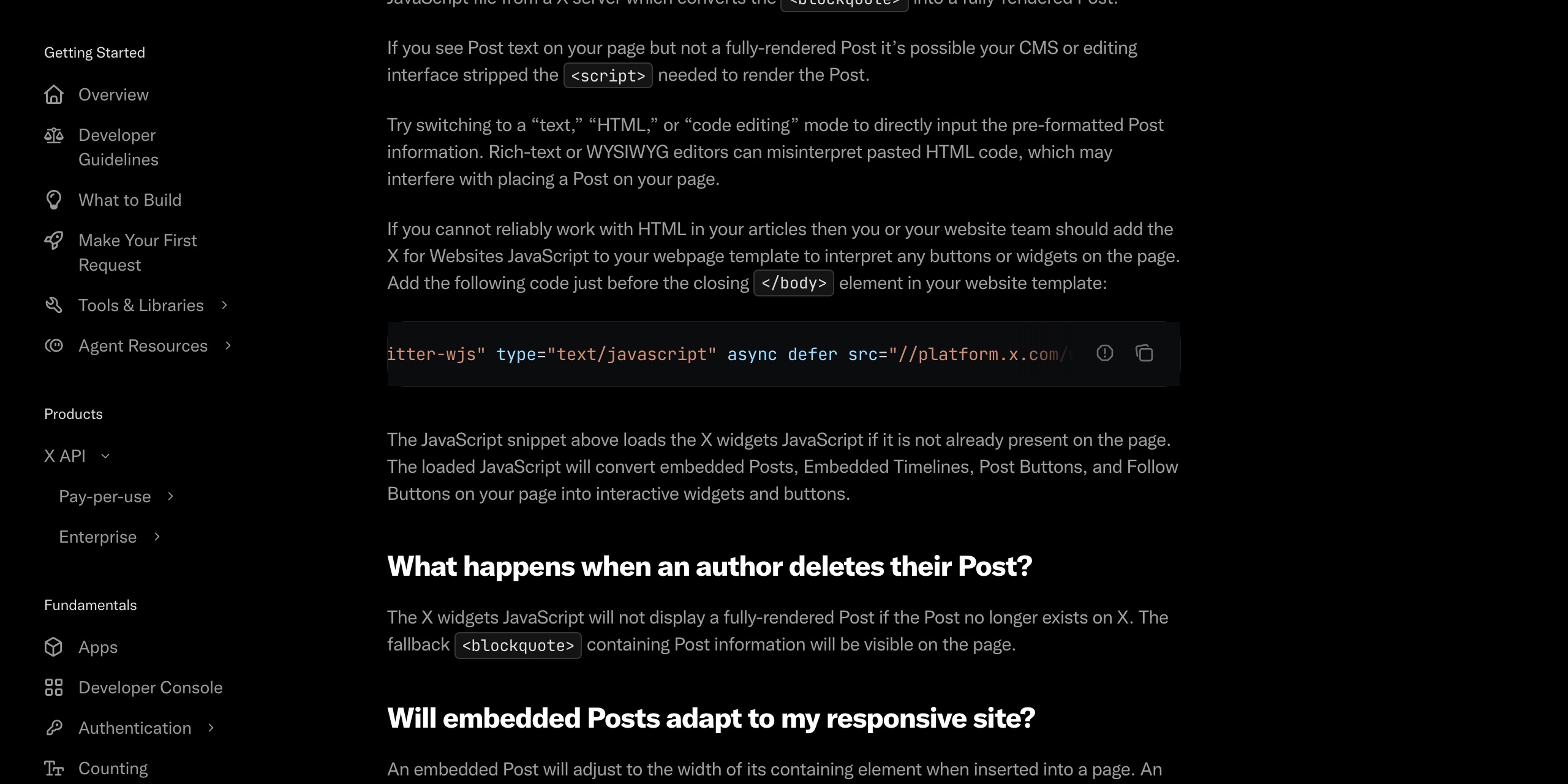 X Developer Platform 'Embedded Posts' FAQ page showing the X for Websites widgets script tag with src set to //platform.x.com/widgets.js, and the note that when a post cannot be rendered the fallback blockquote containing Post information stays visible on the page