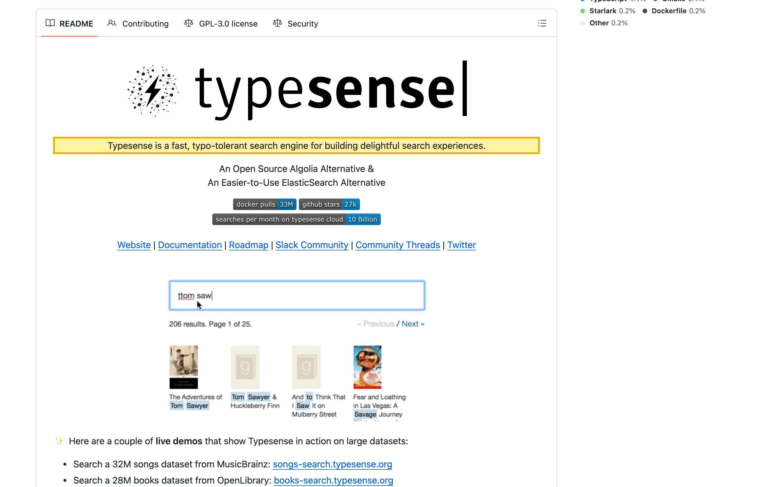 Typesense's GitHub repository page showing the GPL-3.0 license and the README describing Typesense as a fast, typo-tolerant, self-hostable single-binary search engine