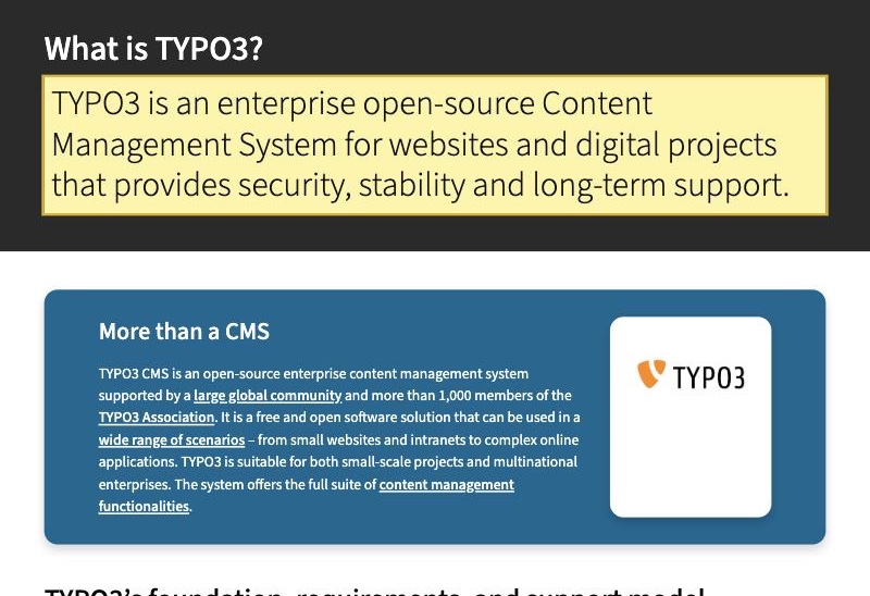 TYPO3's own 'What is TYPO3?' page describing it as an enterprise open-source content management system and a free and open software solution that you download and run on infrastructure you choose.