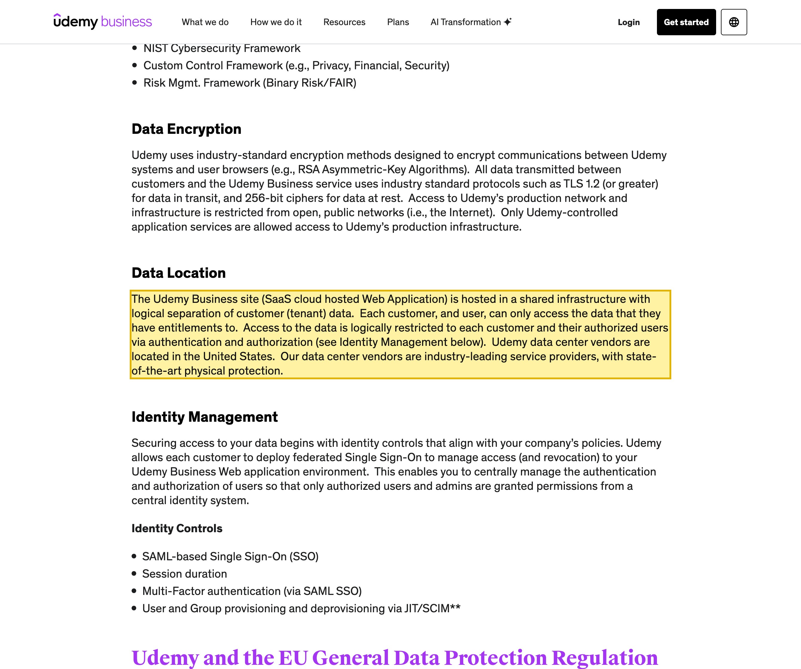 Udemy's Udemy Business Security FAQ 'Data Location' section, showing the service hosted on shared SaaS infrastructure with data-center vendors located in the United States and no mainland-China region.