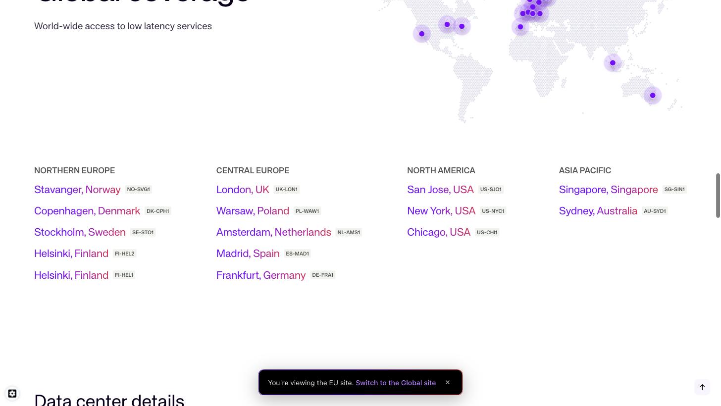 UpCloud's data-center page showing its locations across Northern Europe, Central Europe, North America and Asia-Pacific — Stockholm, Helsinki, London, Amsterdam, Frankfurt, San Jose, New York, Chicago, Singapore and Sydney — with no location in mainland China