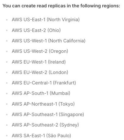 Upstash Global Replication documentation listing its available regions — AWS regions including North Virginia, Oregon, Ireland, Frankfurt, Mumbai, Tokyo, Singapore and Sydney — with no region inside mainland China