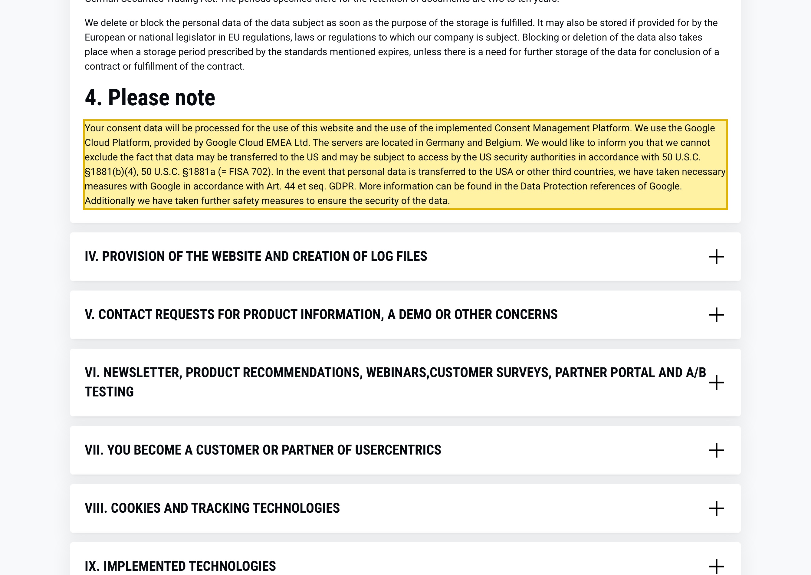 Usercentrics' own privacy policy, in the general data-processing section, stating that the consent data its Consent Management Platform processes runs on the Google Cloud Platform provided by Google Cloud EMEA Ltd and that the servers are located in Germany and Belgium — naming no mainland-China region
