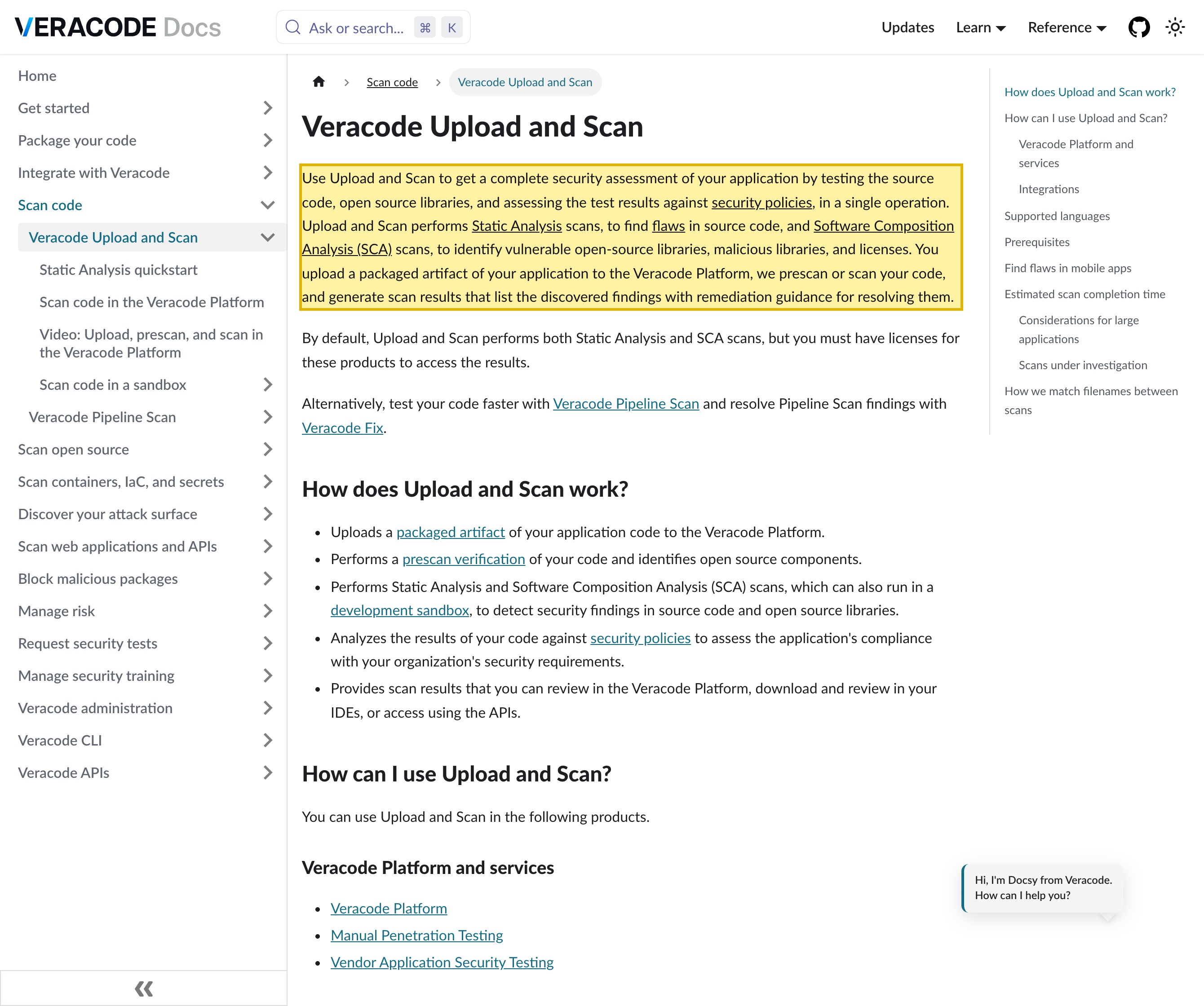 Veracode's Upload and Scan documentation stating that you upload a packaged artifact of your application to the Veracode Platform, where your code is prescanned or scanned