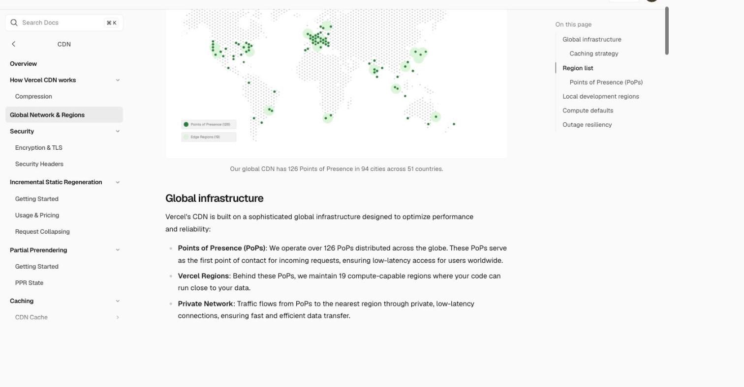 Vercel's Global network and regions documentation showing the region list — 19 compute-capable regions whose nearest entries to mainland China are Hong Kong (hkg1), Tokyo (hnd1), Seoul (icn1) and Singapore (sin1), with no mainland-China region