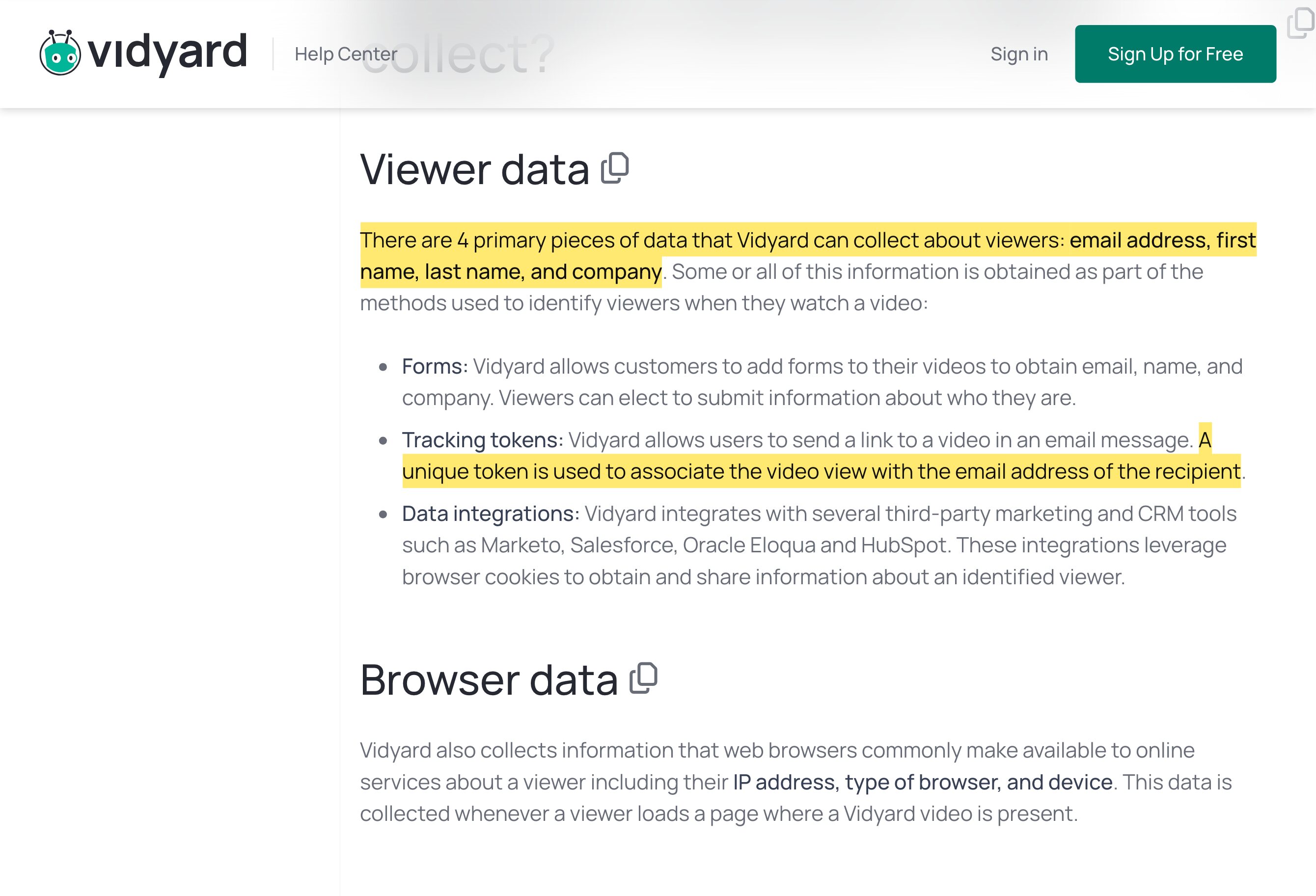 Vidyard knowledge-base article titled 'What data does Vidyard collect about viewers?' listing email address, first name, last name and company as the primary data collected, and describing a unique token that associates a video view with the recipient's email address