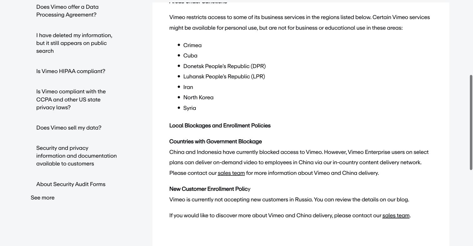 Vimeo's Help Center stating that China and Indonesia have currently blocked access to Vimeo, with only Vimeo Enterprise users on select plans able to deliver on-demand video to employees in China via its in-country CDN