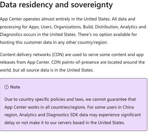 Microsoft Learn 'Visual Studio App Center Security and Compliance' page showing the retirement banner stating App Center was retired on March 31, 2025, and the Data residency and sovereignty section stating that all data and processing occurs in the United States with no option for hosting the data in any other country or region