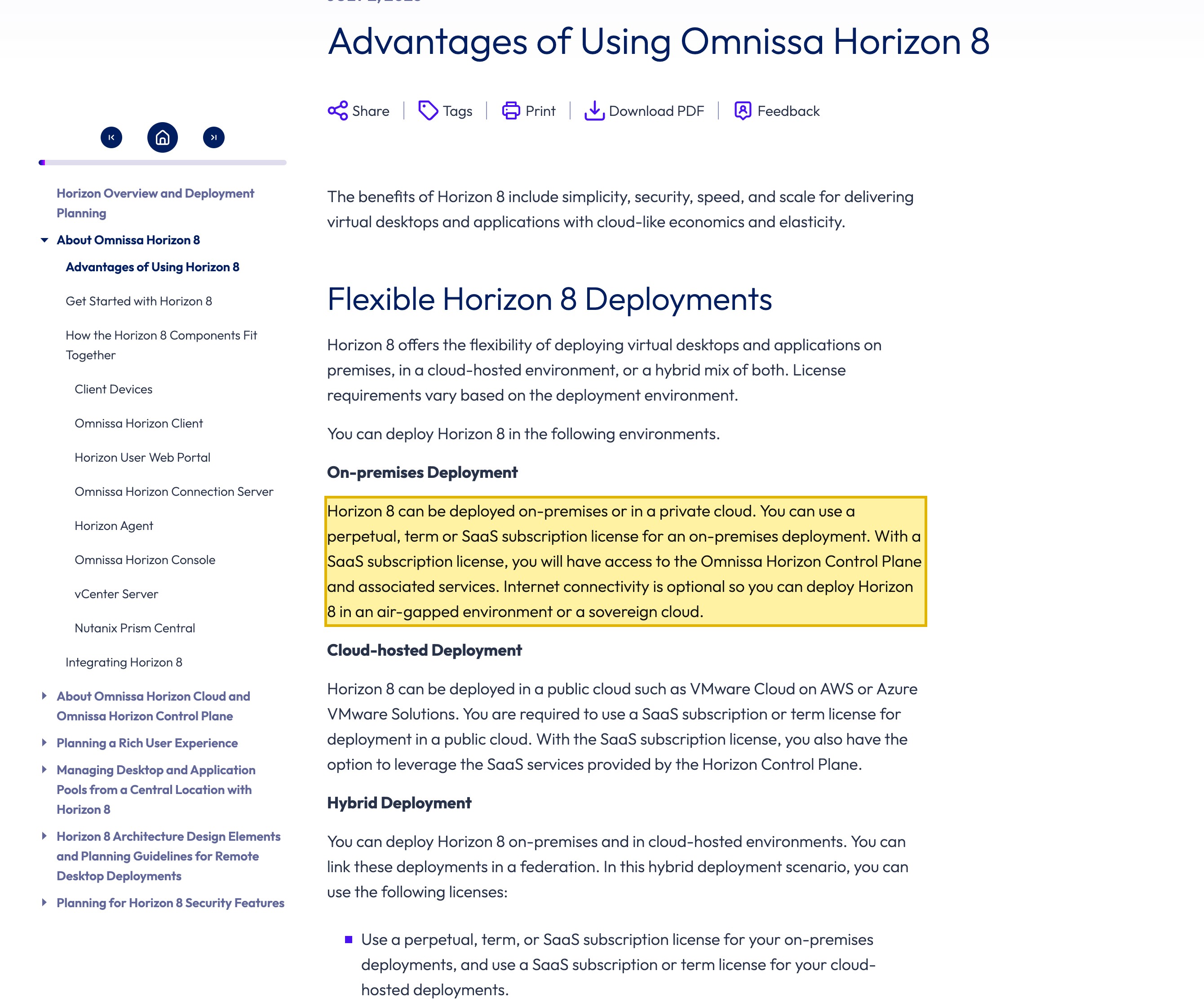 Omnissa Horizon 8 deployment documentation, 'On-premises Deployment' section, stating that Horizon 8 can be deployed on-premises or in a private cloud, and that it can also be deployed in an air-gapped environment or a sovereign cloud