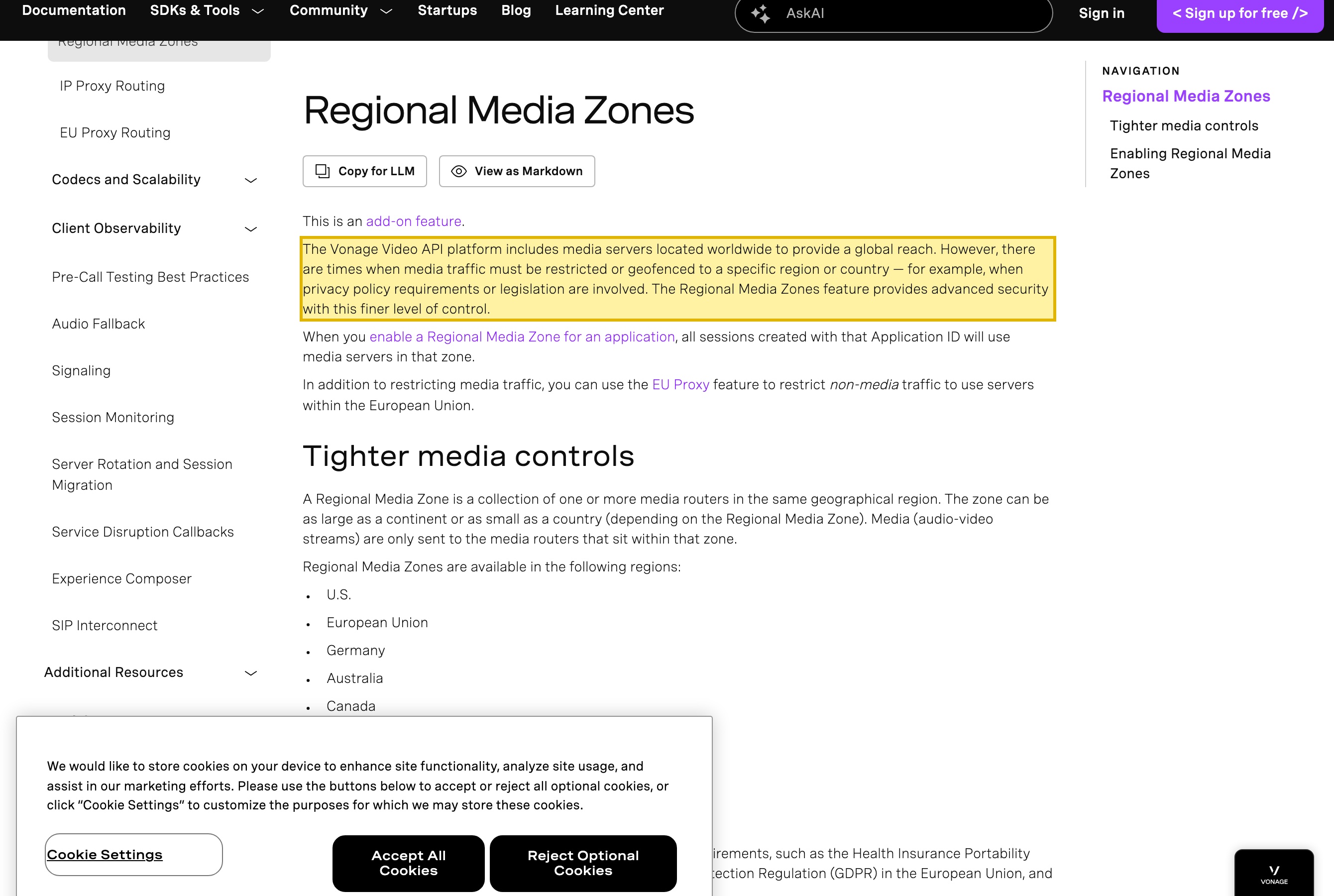 Vonage Video API's Regional Media Zones documentation stating the platform includes media servers located worldwide, with zones in the United States, European Union, Germany, Australia, Canada, Japan, South Korea, Singapore and Brazil — and no mainland-China zone