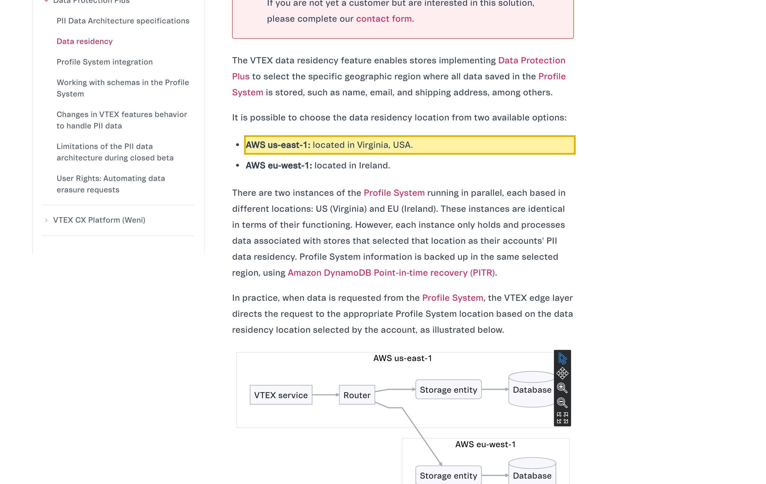 VTEX's developer data-residency documentation listing the two AWS regions available to hold Shopper Profile PII — us-east-1 in Virginia and eu-west-1 in Ireland — with no mainland-China region