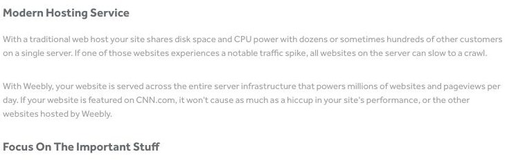Weebly's Free Web Hosting feature page describing a single, data-center-redundant, cloud-based hosting infrastructure that serves millions of sites worldwide, with no mainland-China location named