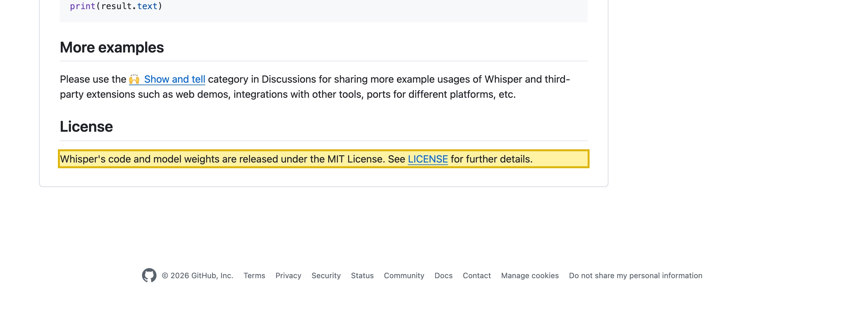 The README for OpenAI's Whisper repository on GitHub, stating that Whisper is a general-purpose speech recognition model and that its code and model weights are released under the MIT License — the basis for self-hosting it on your own in-country infrastructure.
