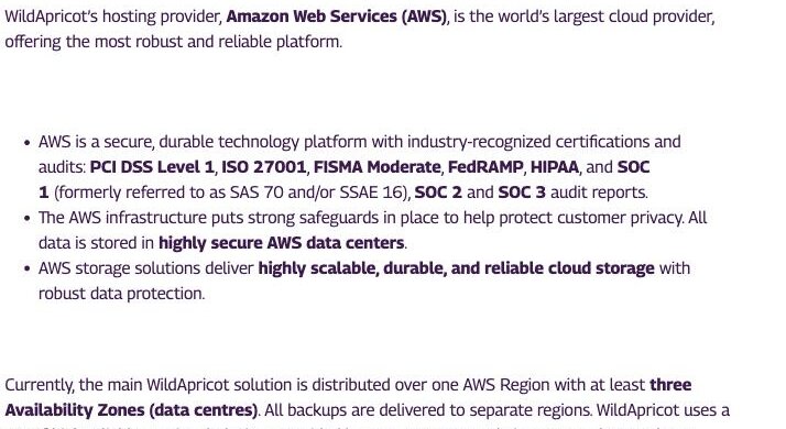 WildApricot security overview page stating that Amazon Web Services is its hosting provider and that all data is stored in highly secure AWS data centers, with the main solution distributed over one AWS Region — and no mainland-China location