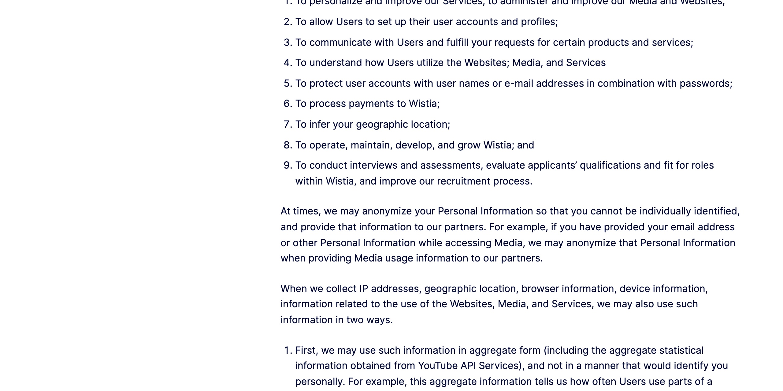 WistiaのプライバシーポリシーのStorage of Personal Informationセクション。Wistiaが収集するすべての電子的個人情報を米国で保存・処理すると記載している