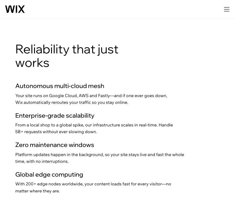 Wix's own Site Reliability page stating that your site runs on Google Cloud, AWS and Fastly, across 200+ edge nodes worldwide and Wix's own data centers — all outside mainland China