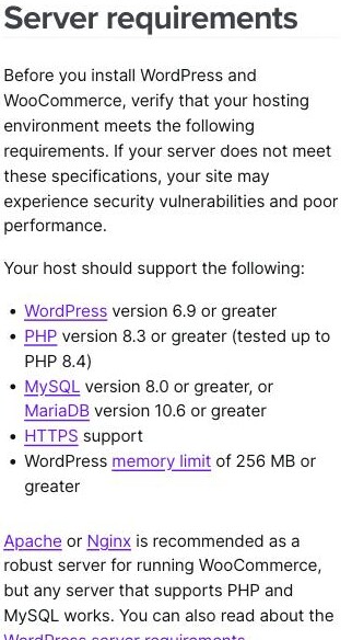 WooCommerce's Server Requirements documentation page stating that Apache or Nginx is recommended but any server that supports PHP and MySQL works — showing WooCommerce is software you host on a server you choose, with no China region of its own