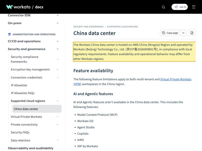 Workato's own China data center documentation stating that the CN data center is hosted on AWS China (Ningxia) Region and operated by Workato (Beijing) Technology Co., Ltd. under a Beijing ICP filing, in compliance with local regulatory requirements