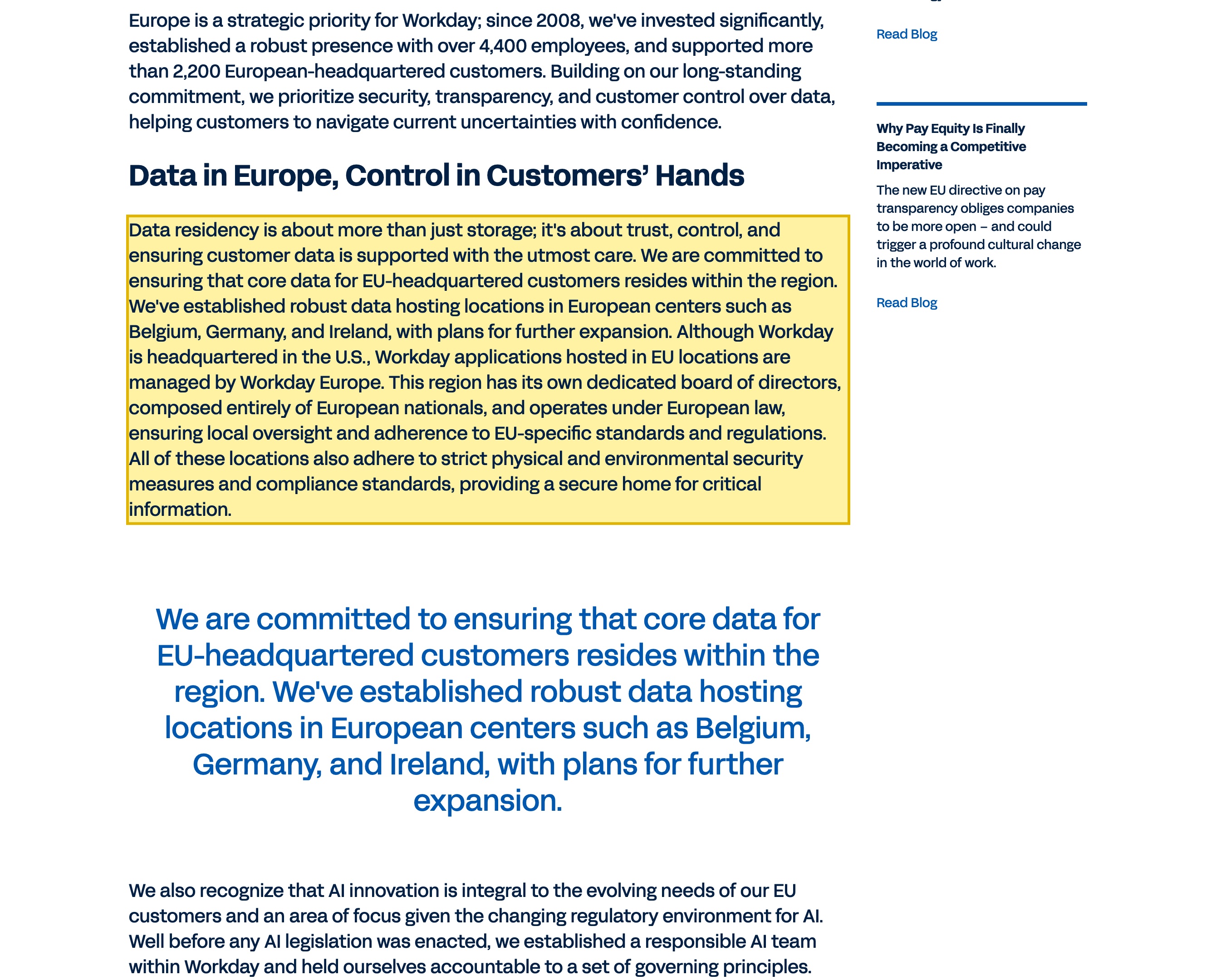 Workday's 'Our Commitment to Our European Customers' page, stating that Workday has established data hosting locations in European centers such as Belgium, Germany and Ireland and that Workday is headquartered in the U.S. — naming no mainland-China data center