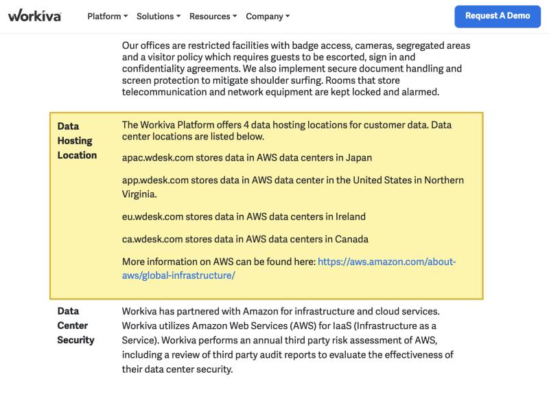 Workiva's Security page, Data Center and Physical Security section, stating that Workiva utilizes Amazon Web Services (AWS) and that the Workiva Platform offers 4 data hosting locations for customer data — AWS data centers reached at apac.wdesk.com in Japan, app.wdesk.com in the United States (Northern Virginia), eu.wdesk.com in Ireland and ca.wdesk.com in Canada, with no mainland-China location